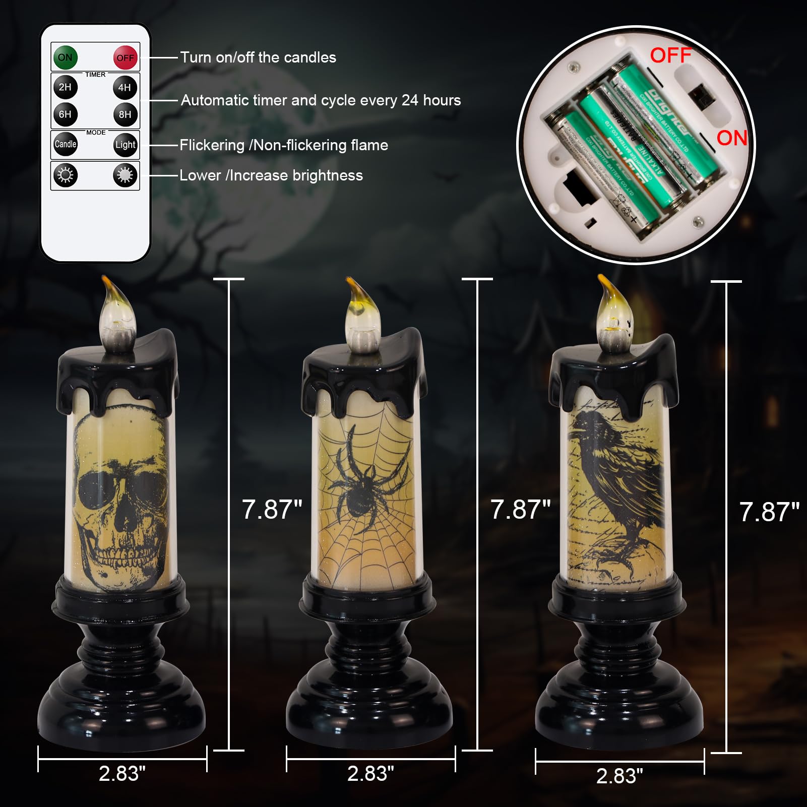 Lasumora 3Pcs Led Pillar Candles With Remote Timer, Battery Operated Halloween Flameless Candles, Skull, Spider, Crow Flickering