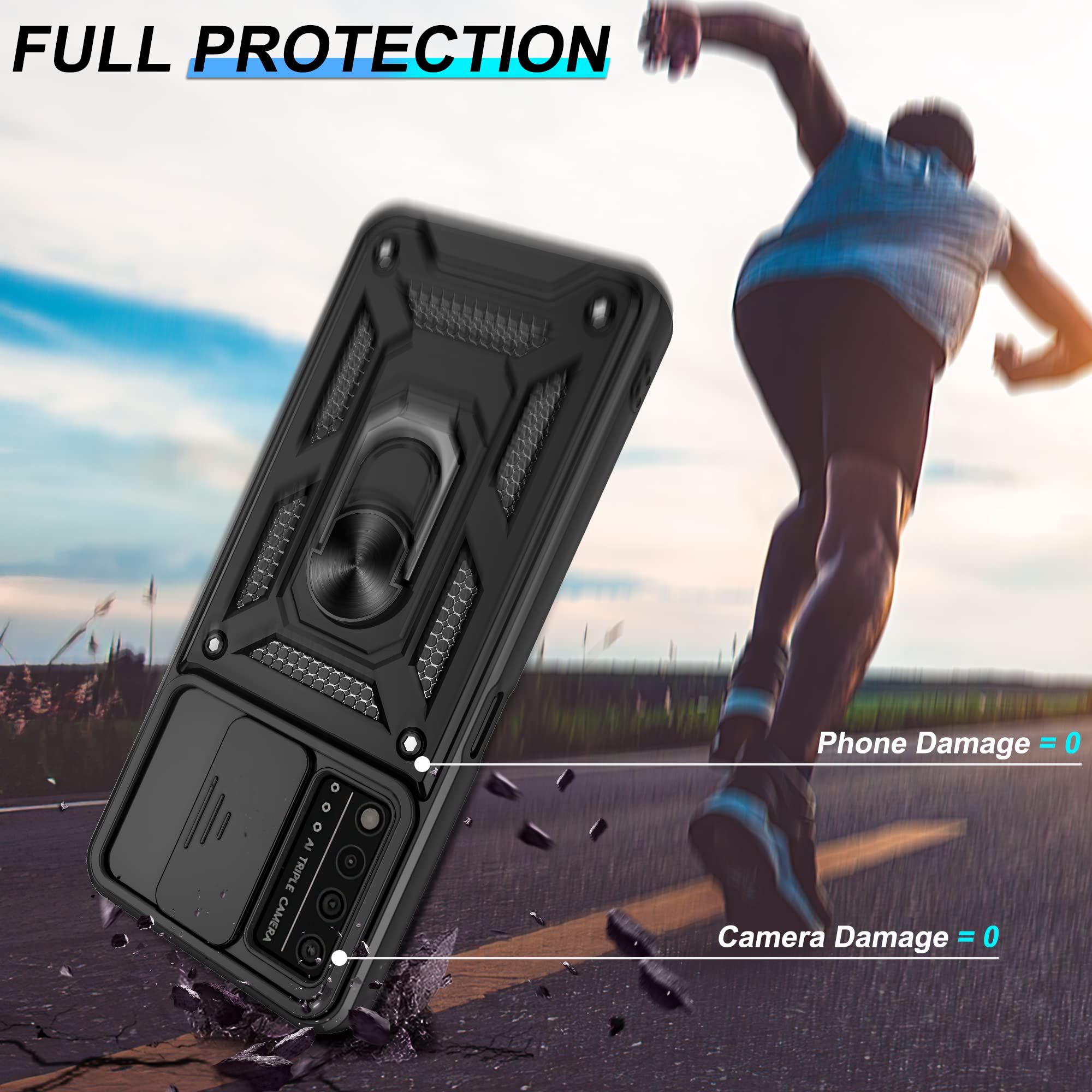 For T Mobile Revvl V Plus 5G Case With Hd Screen Protector With Slide Camera Cover, Atump 360    Rotation Ring Kickstand [Milita