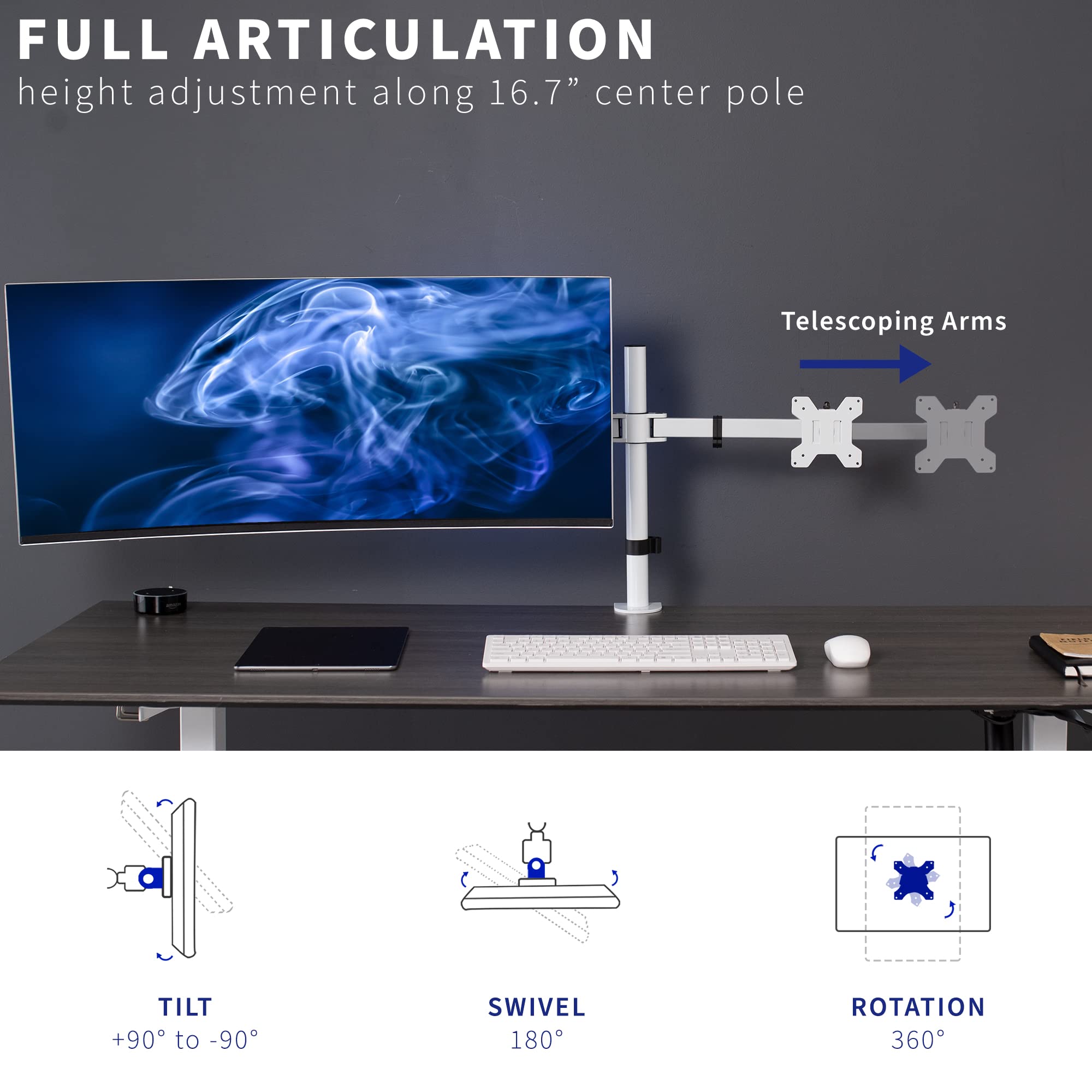 VIVO Premium Dual Ultra Wide LCD LED 27 to 38 inch Monitor Desk Mount, Heavy Duty, Adjustable Telescoping Arms, Flush Wall Setup, Fits 2 Screens, White, STAND TS38CW