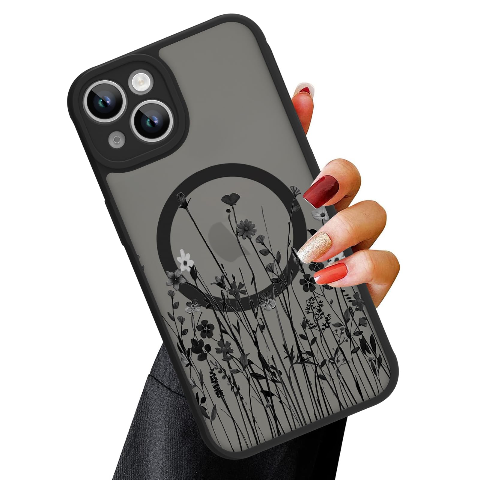 Ook Magnetic For Iphone 13 Case [Compatible With Magsafe] Black Wild Flower Slim Translucent Matte Case For Iphone 13 Case Camer