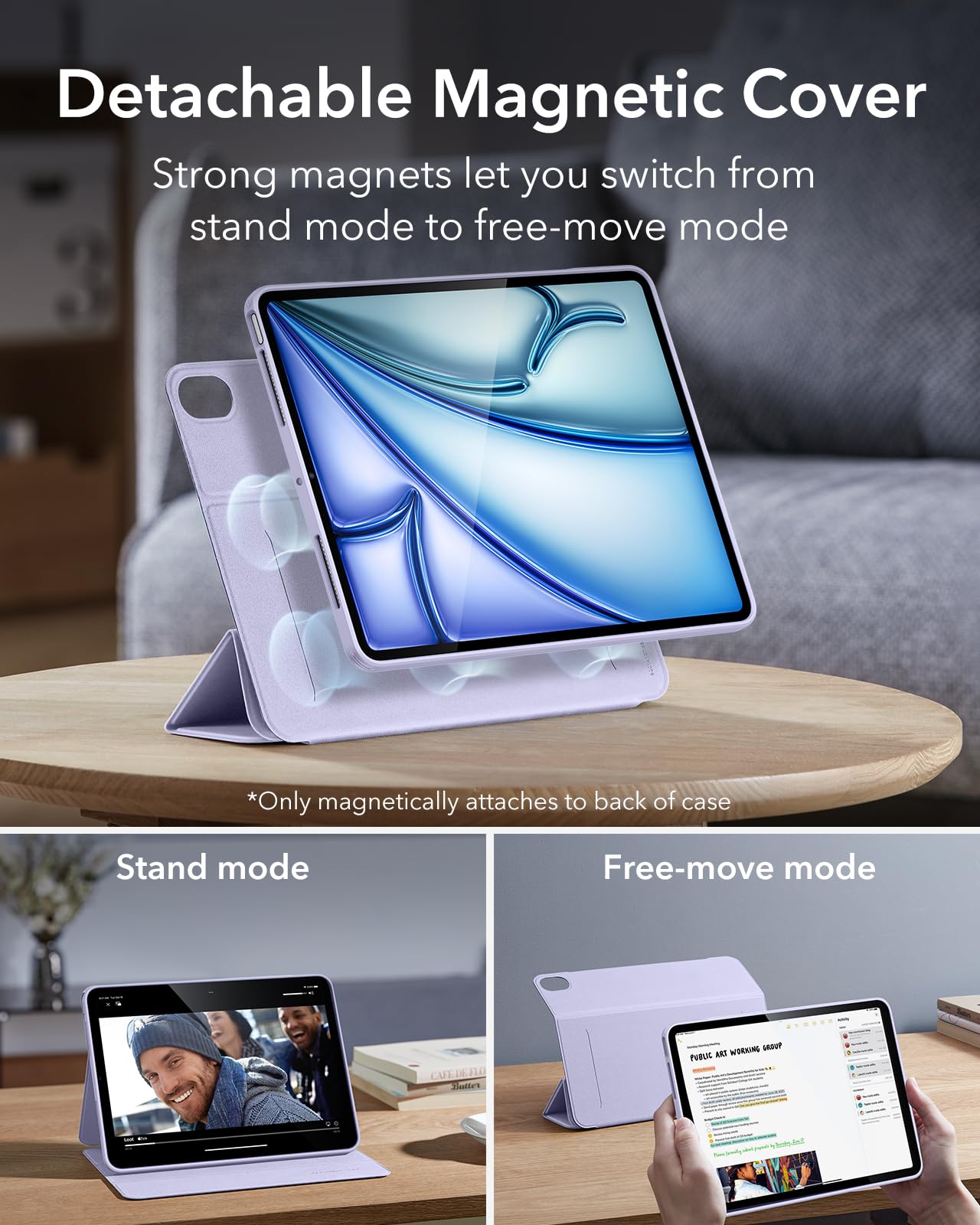 Esr For Ipad Air 11 Inch Case 2025 M3/M2, Ipad Air 7Th/6Th/5Th/4Th Gen Case (2024/2022/2020) 10.9 Inch With Pencil Holder, Removable Magnetic Cover, Vertical Stand, Rebound 360 Series, Light Purple