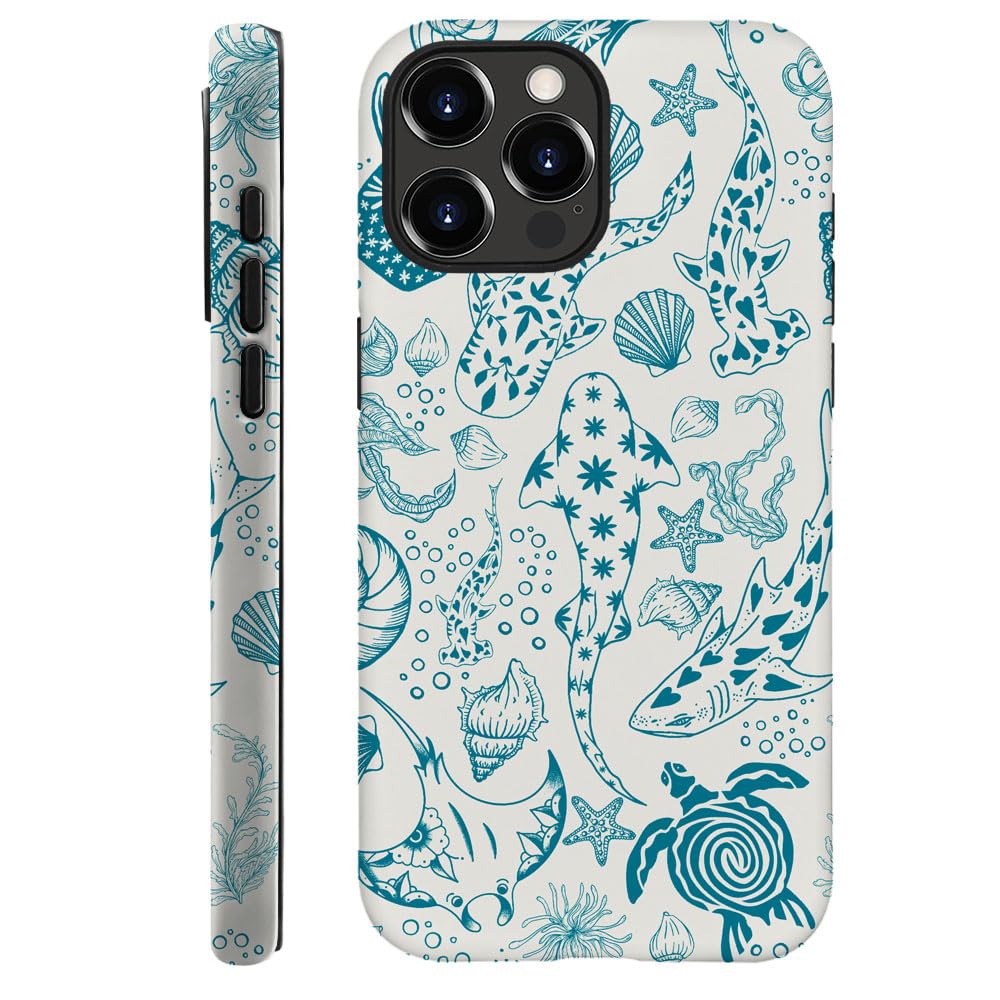 Case for iPhone 16 Pro,Fits Frosted Case Design for Girl Women,Sharks Turtles Shells Seaweed Green