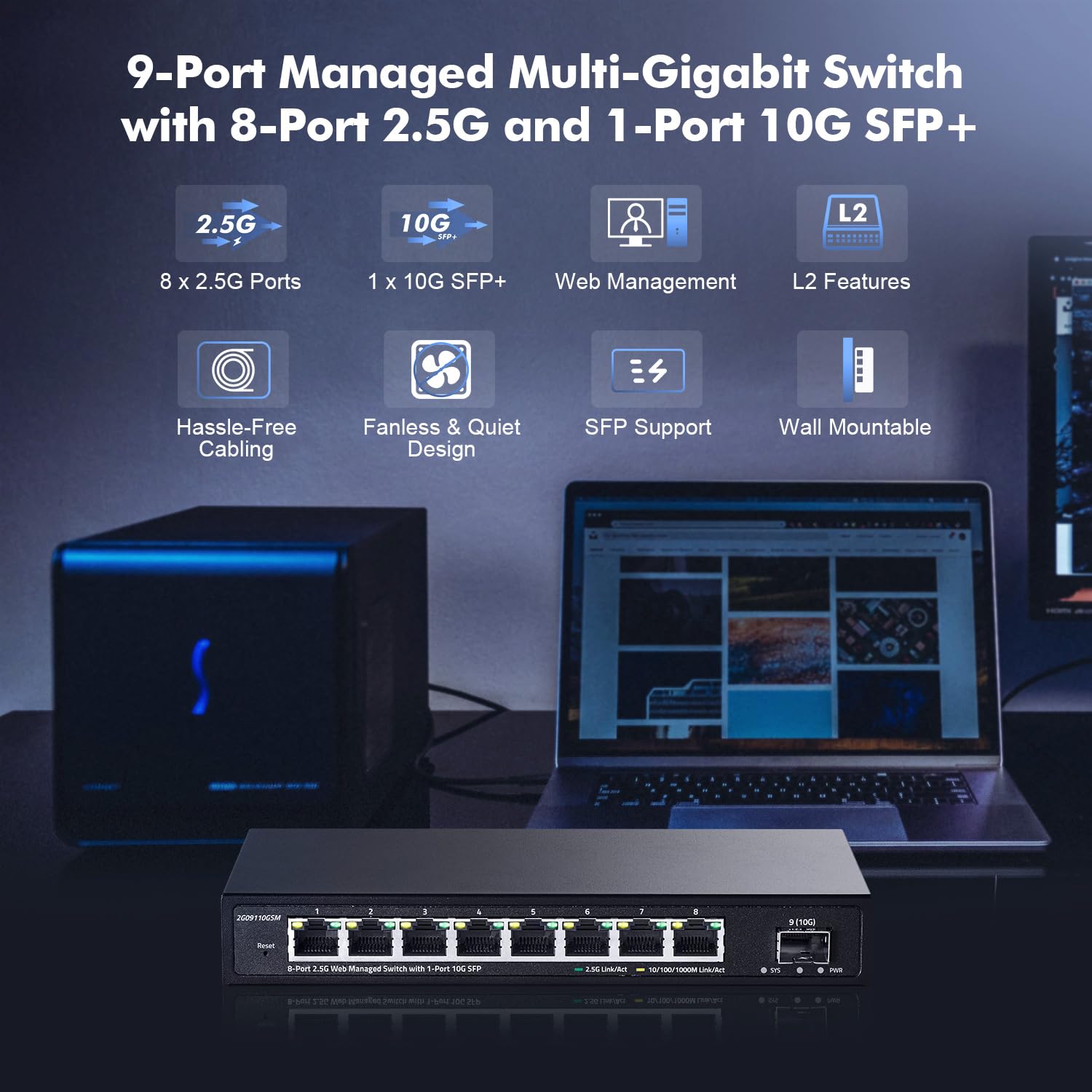 Yulinca 8 Port 2.5G Managed Switch With 10G Sfp+ Slot, 8 X 2.5Gigabit Ethernet Ports, Support Lacp/Qos/Vlan/Igmp, Metal Easy Web