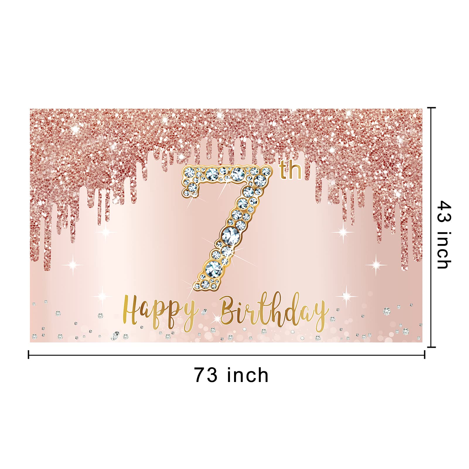Happy 7Th Birthday Banner Backdrop Decorations For Girls, Rose Gold 7 Year Old Birthday Party Sign Supplies, Pink Seventh Birthd