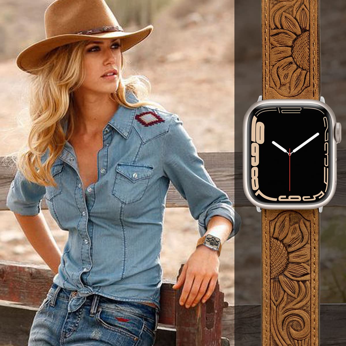 Deeplus For Apple Watch Band 41 Mm / 40 Mm / 38 Mm Series 8/7/Se/6/5/4/3/2/1,Sunflower Tooled Leather Cowboy Replacement Western