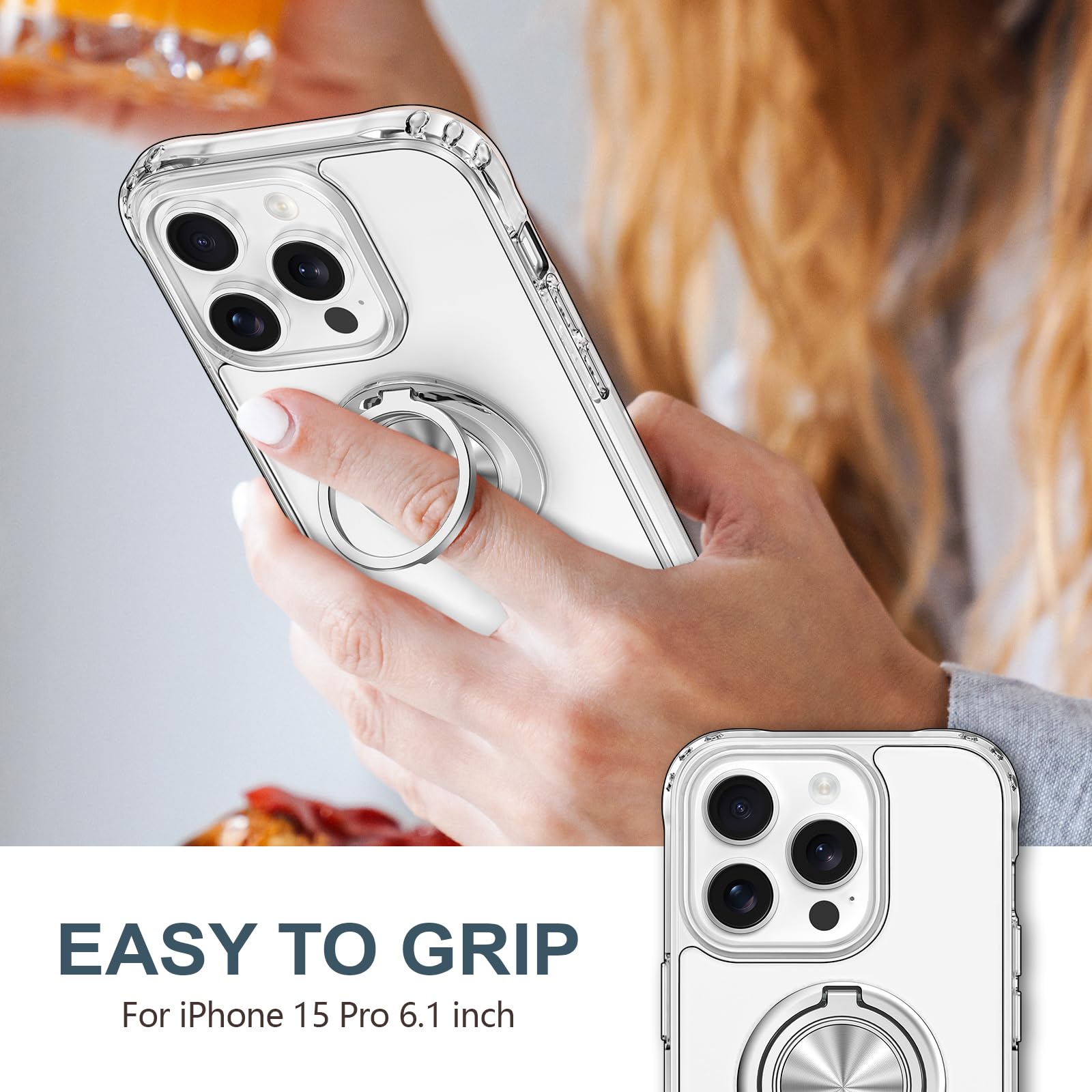 Hython Clear For Iphone 15 Pro Case With Ring Stand [360 Rotatable Ring Holder Magnetic Kickstand] [Support Car Mount] Transpare