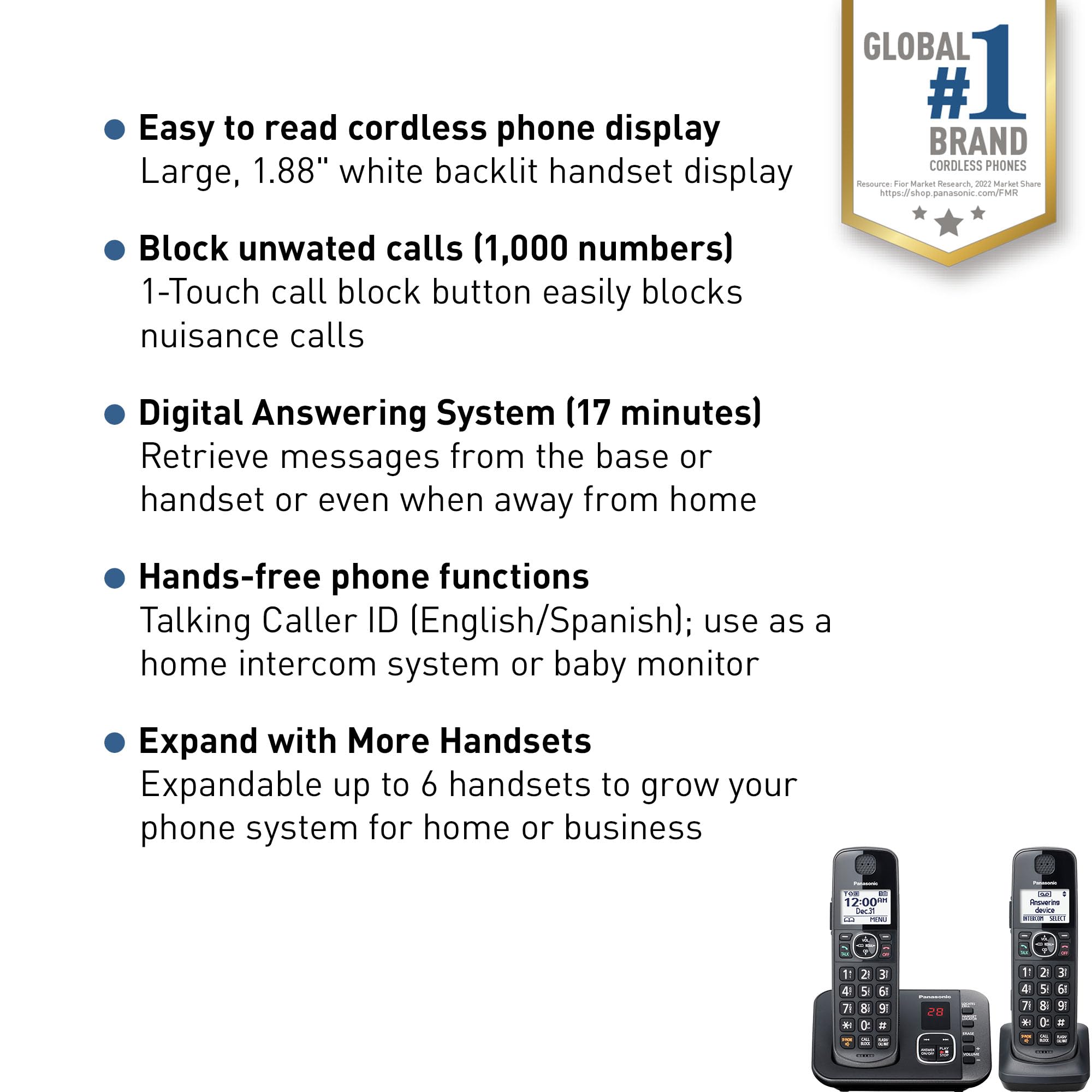 Panasonic Cordless Phone With Answering Machine, Automated Call Block, Easy To Use   2 Handsets   Kx Tge632M (Metallic Black)