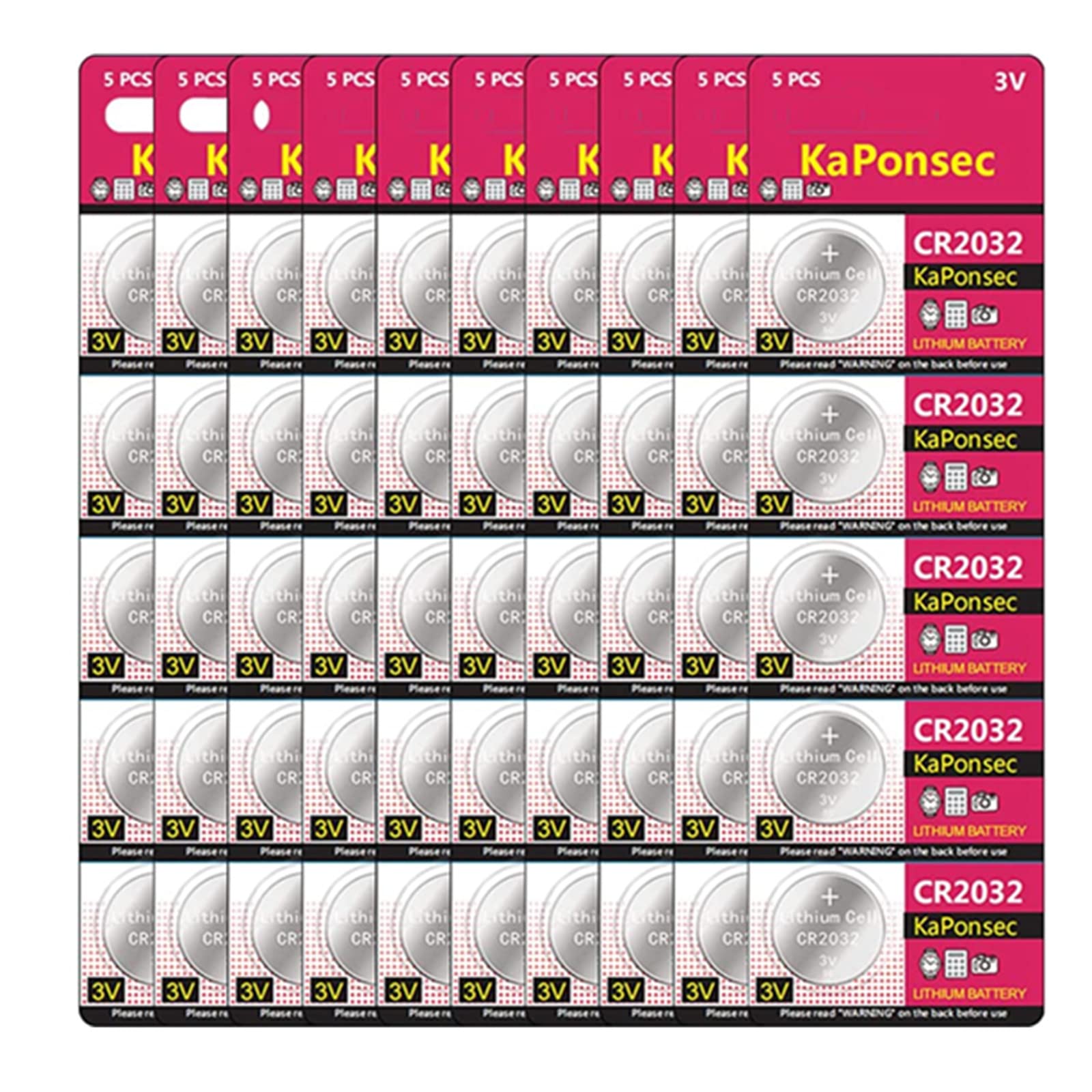 Kaponsec 50 Pack Cr2032 Dl2032 3V Lithium Coin Cell Battery