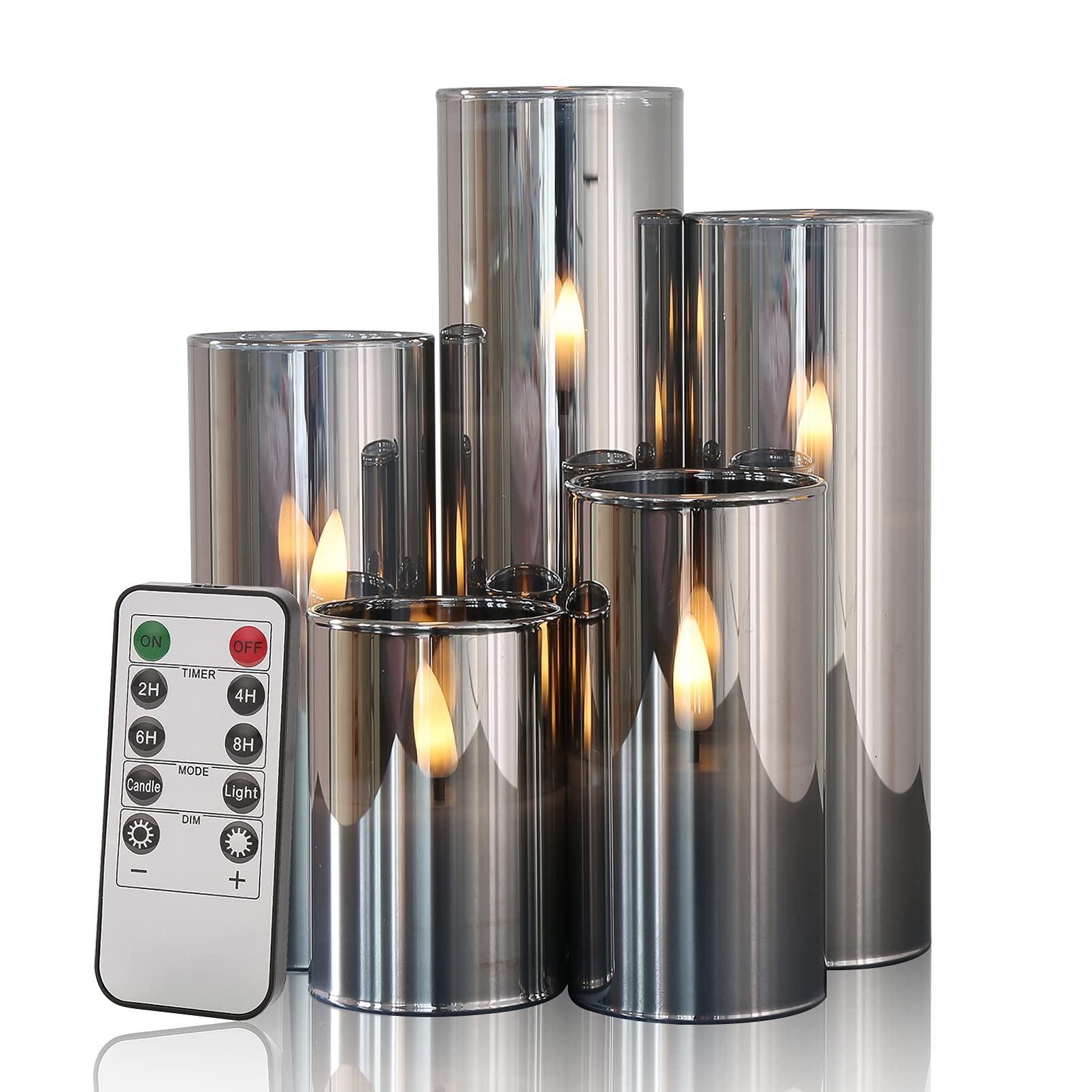 Eywamage 5 Pack Grey Glass Flameless Candles With Remote, Flickering Slim Tall Led Pillar Votive Candles Battery Included