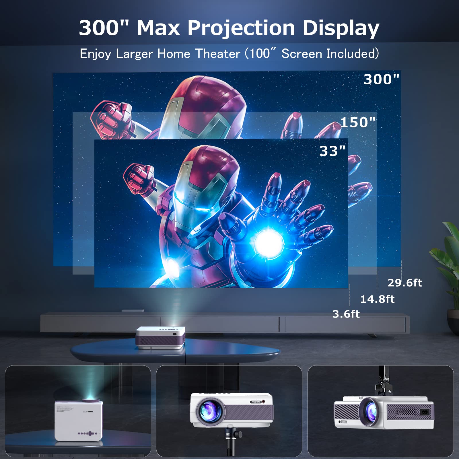 FUDONI V7 WiFi & Bluetooth Projector, 1080P, 15000L, 19.6x17.1x8.2cm, White & Purple,
