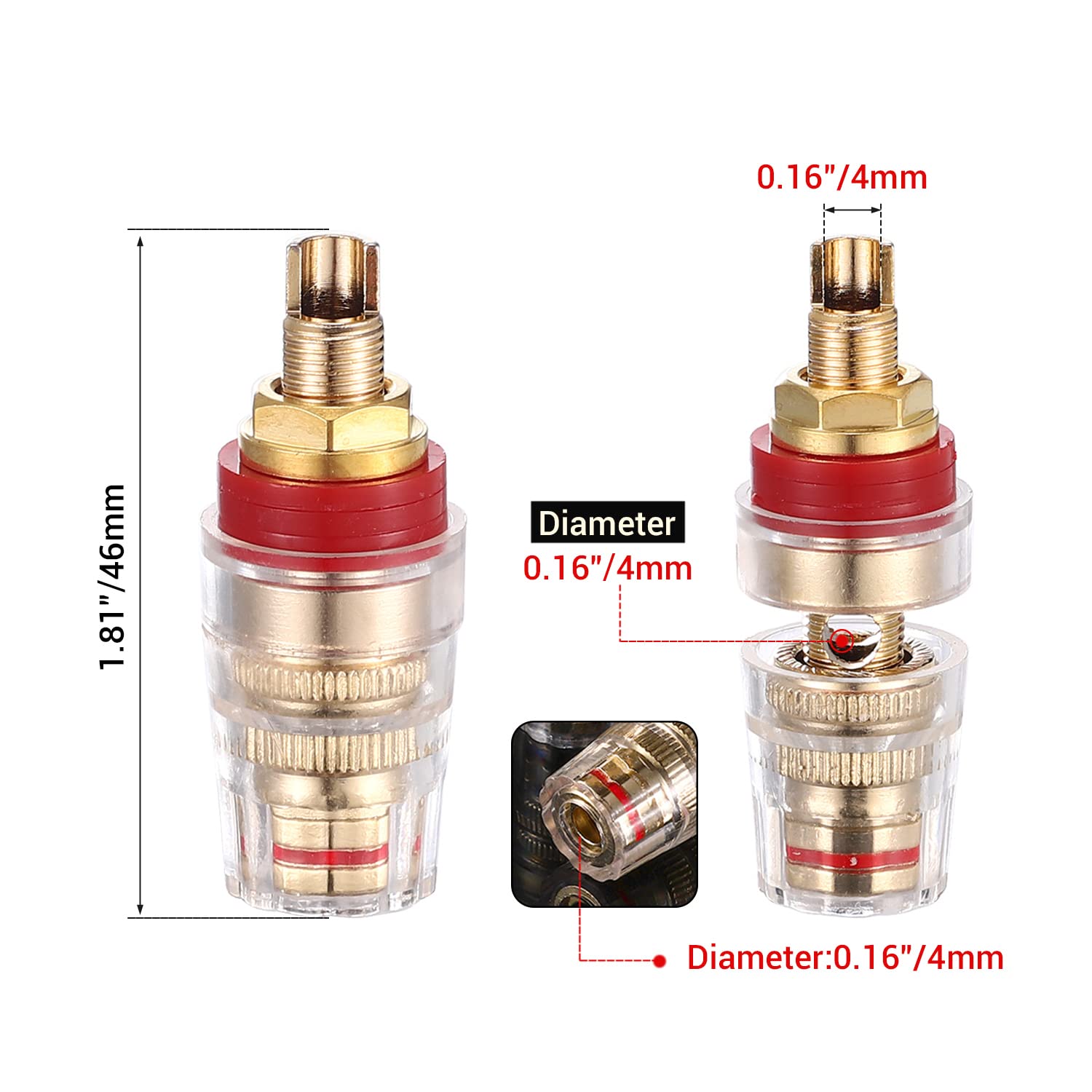 Facmogu 4Pcs Black & Red Heavy Duty 5 Way Binding Post Banana Jacks 4Mm, 24K Gold Plated Sold Brass Insulated Binding Post Banana Plugs, Speaker Amplifier Bindling Post Terminal Connectors   Short