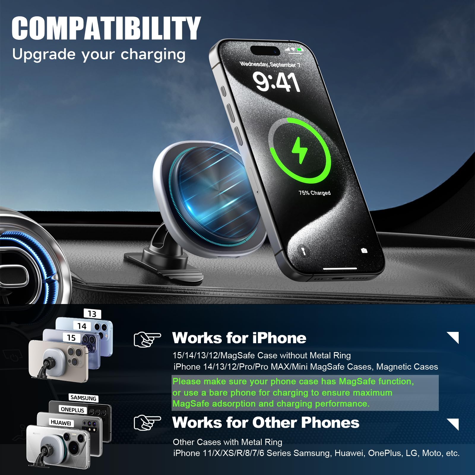 Magsafe Car Mount Charger, 15W Fast Charging Strong Magnetic Phone Holder, Air Vent/Dashboard Wireless Charger For Iphone 16/15/
