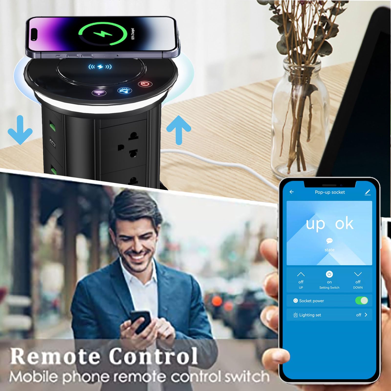 Pop Up Outlet For Countertop With Mobile App Remote Control,Pop Up Outlet With 15W Wireless Charger,Max 20W Power Delivery,Pop U