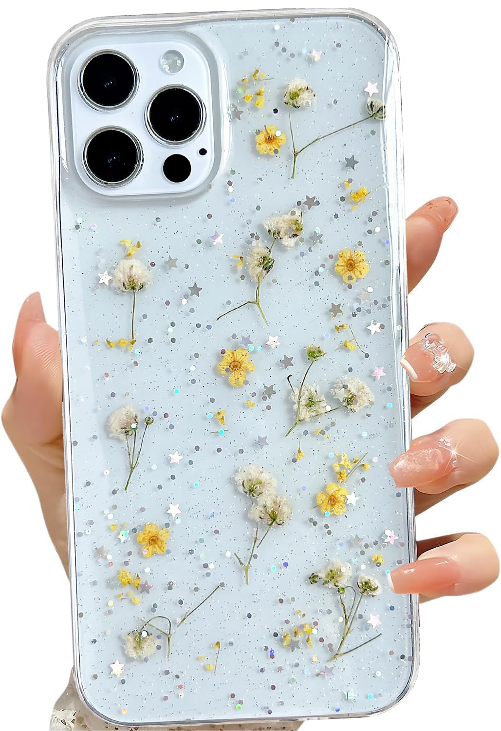 Lseeka For Iphone 12 Pro Max Clear Case With Pressed Real Flowers Design,Glitter Cute Yellow Floral Pattern Slim Soft Tpu Protec
