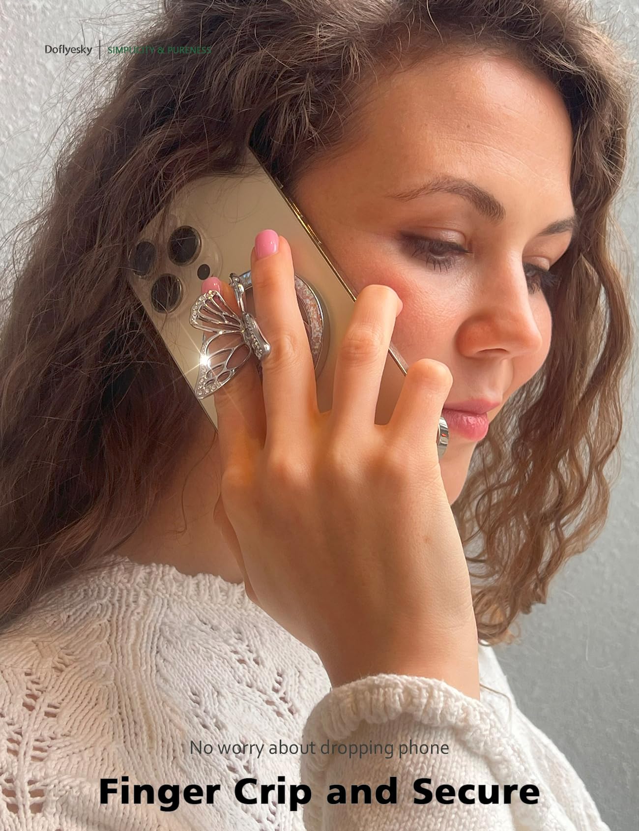 Doflyesky Magnetic Phone Grip For Magsafe, Butterfly Phone Grip Holder Finger Kickstand, Adapter Ring For Magsafe Included (Silv