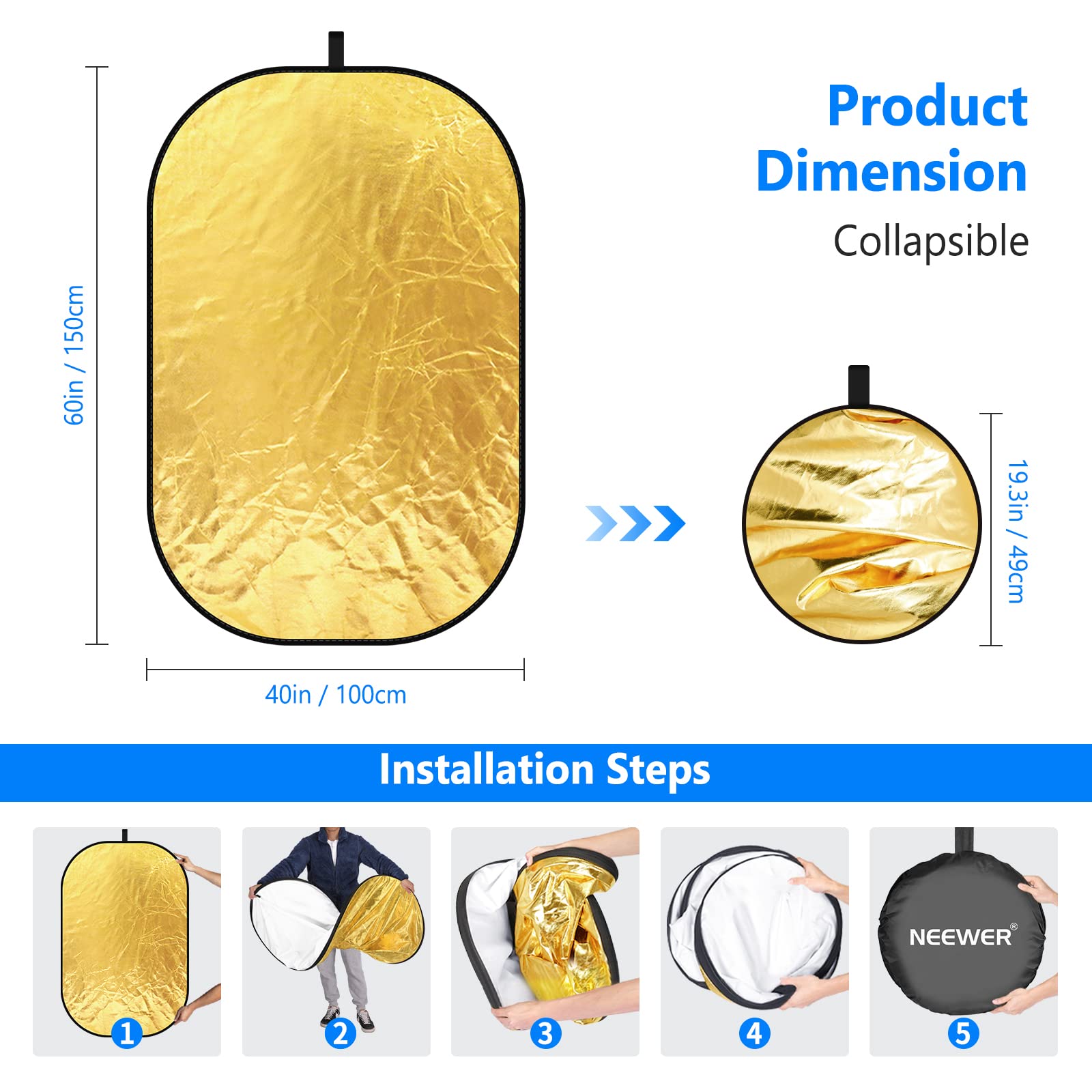 Neewer 40''X60''/100X150Cm Light Reflectors For Photography, Portable 5 In 1 Collapsible Multi Disc With Bag   Translucent, Silv