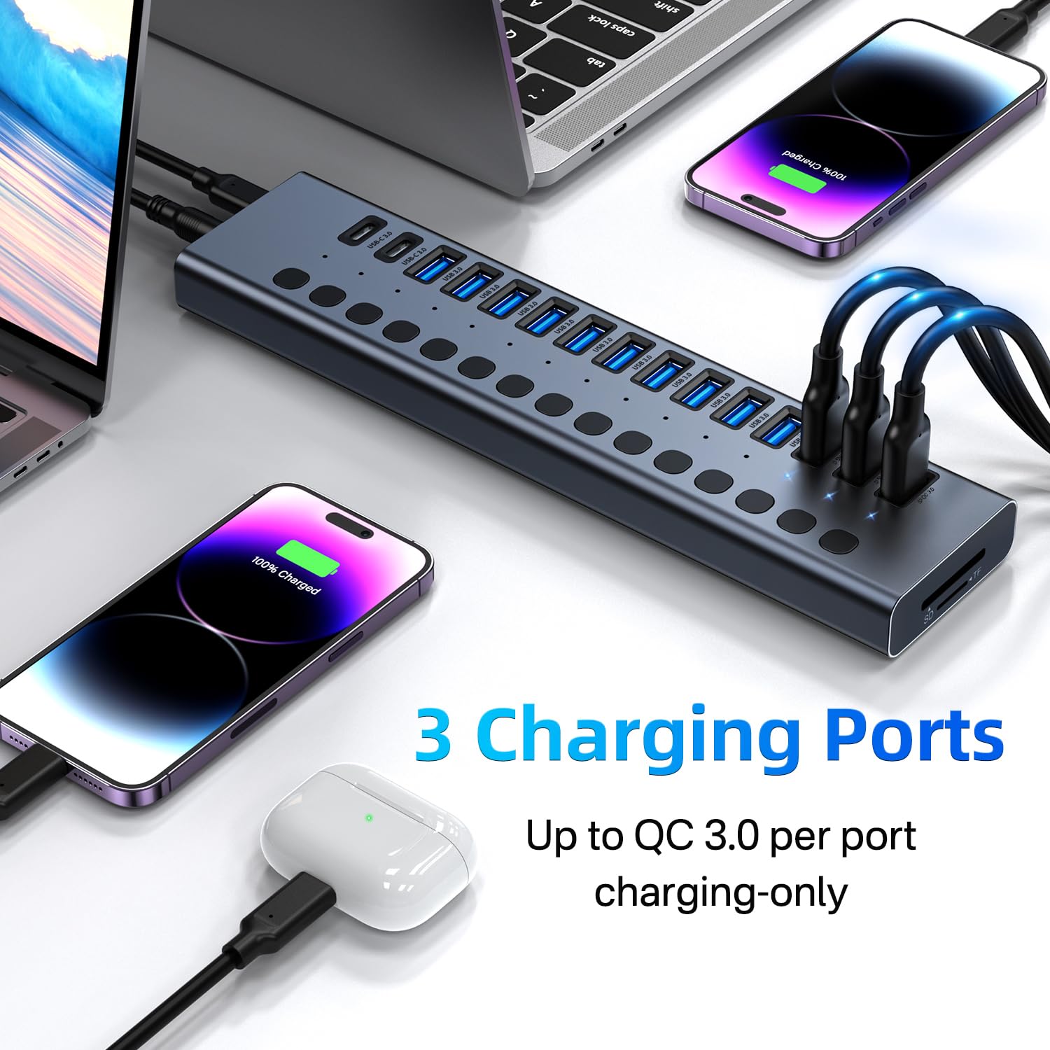 Powered Usb Hub, Vangree 17 Port 90W Usb 3.0 Splitter (10 Usb 3.0 Ports+3 Quick Charging Ports+2 Usb C 3.0 Ports+Sd/Tf Card Read