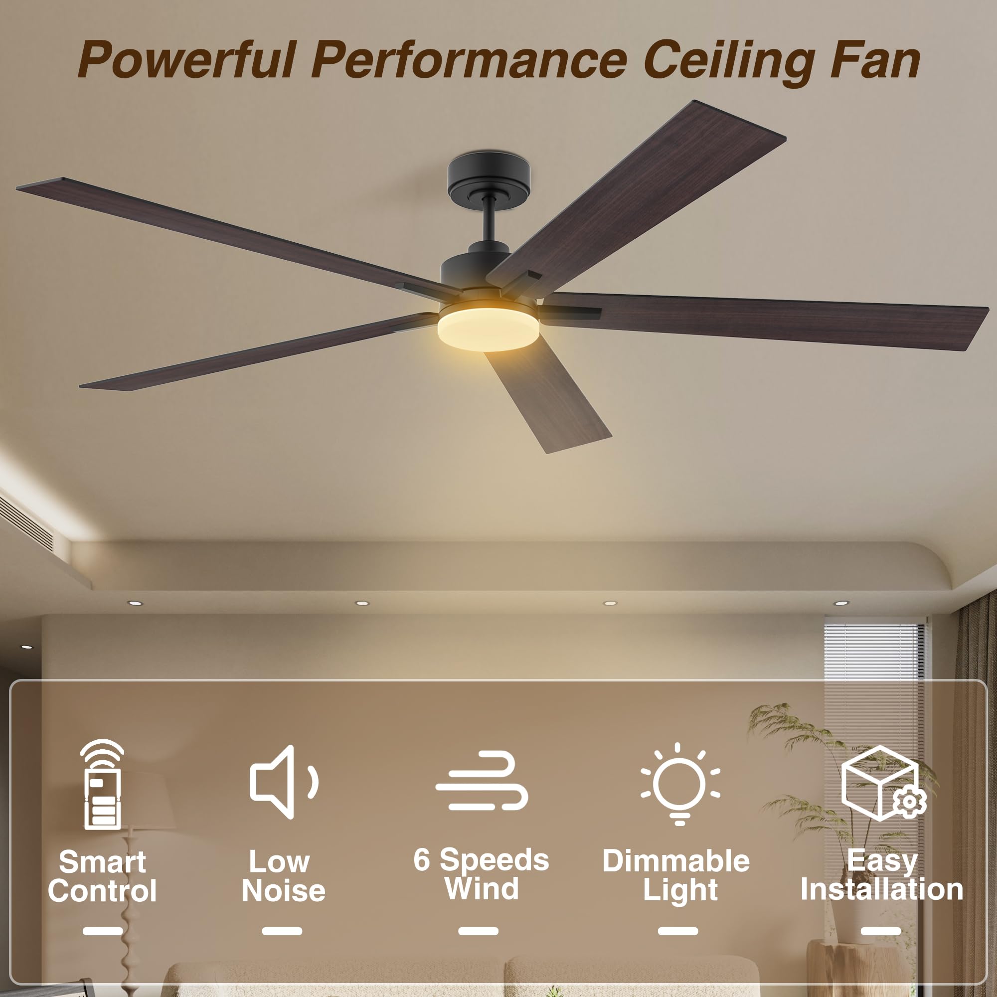 72'' Large Smart Ceiling Fan With Lights Remote,Silent Dc Motor,Control Via Wifi Alexa Google App,Outdoor Indoor Modern Ceiling