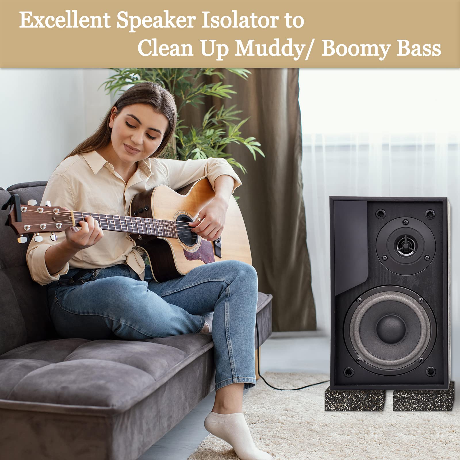 Bxi Subwoofer Isolation Pad - 2 Pcs 6 X 6 X 2 Inches Bass Reduction Floorstanding Speakers Mat Riser - Thick Large Rubber Cork A