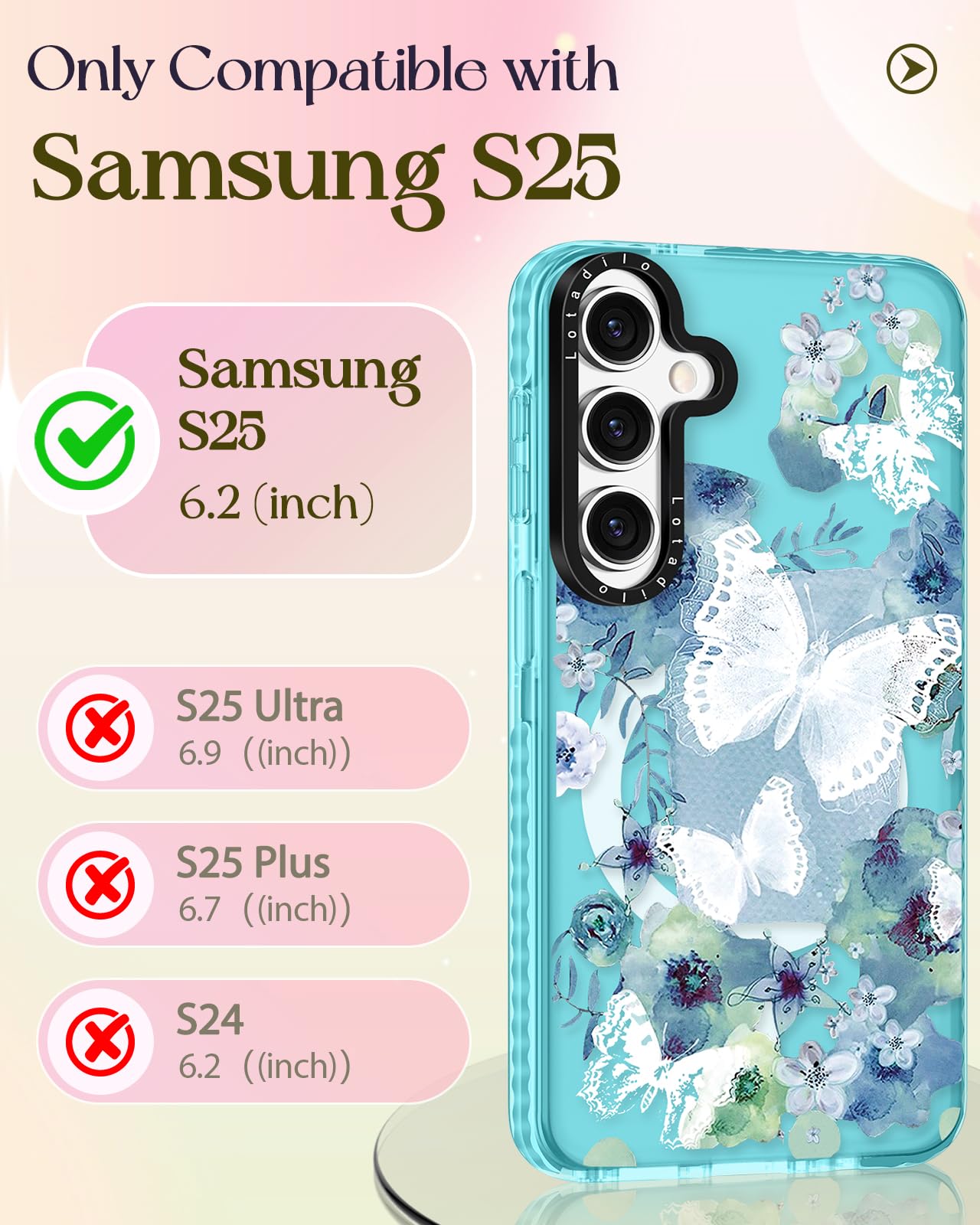 Lotadilo Cute Case For Samsung Galaxy S25 For Women Girls - Funny Ink Butterfly Design Compatible With Magsafe Magnetic Ring Hol