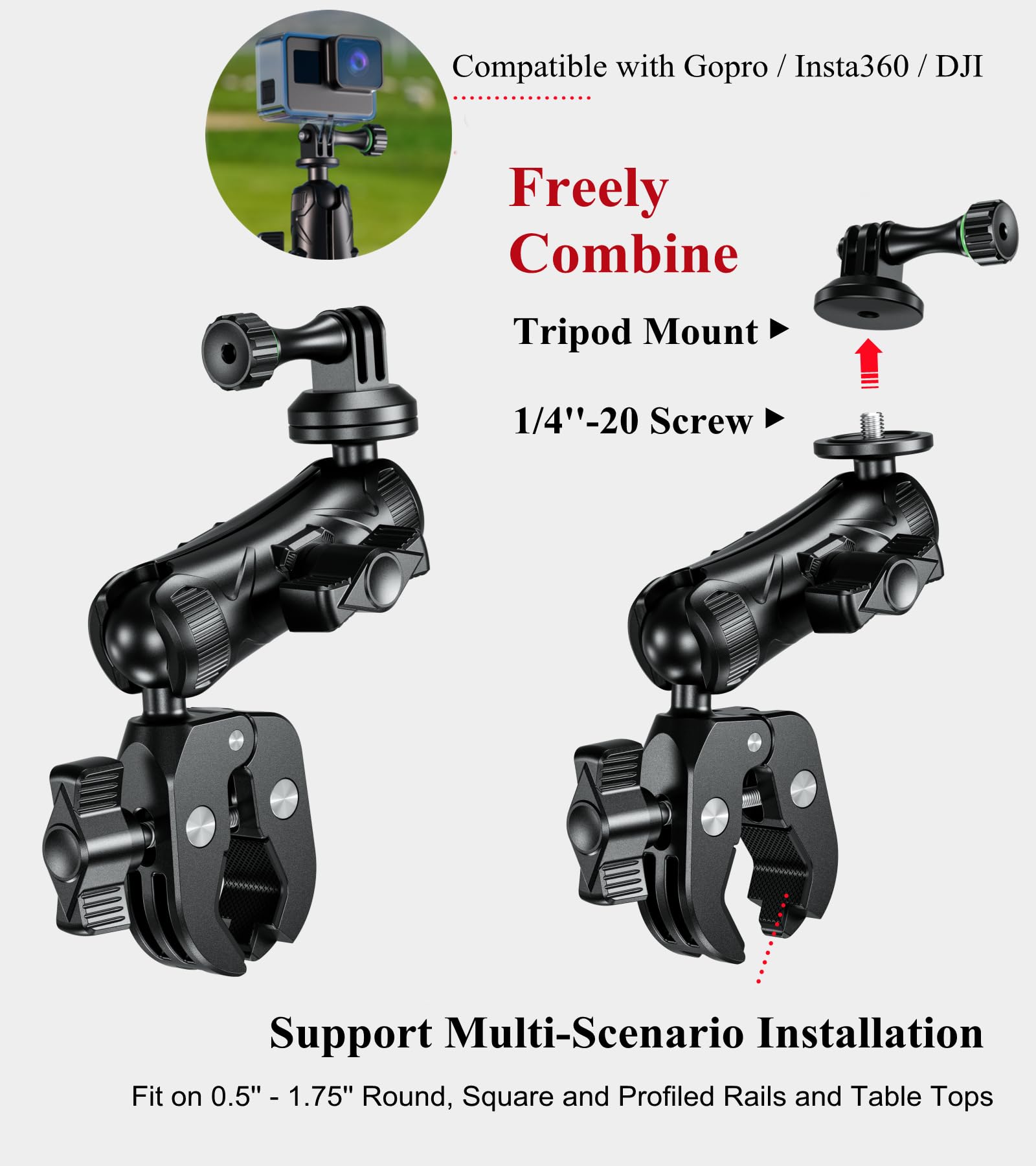 Brcovan Super Clamp Camera Mount With 1'' Ball Head 3.54'' Magic Arm, With 1/4' 20 Screw Tripod Mount Adapter, For Action Camera, Camcorder, Monitor, Led Lights And More
