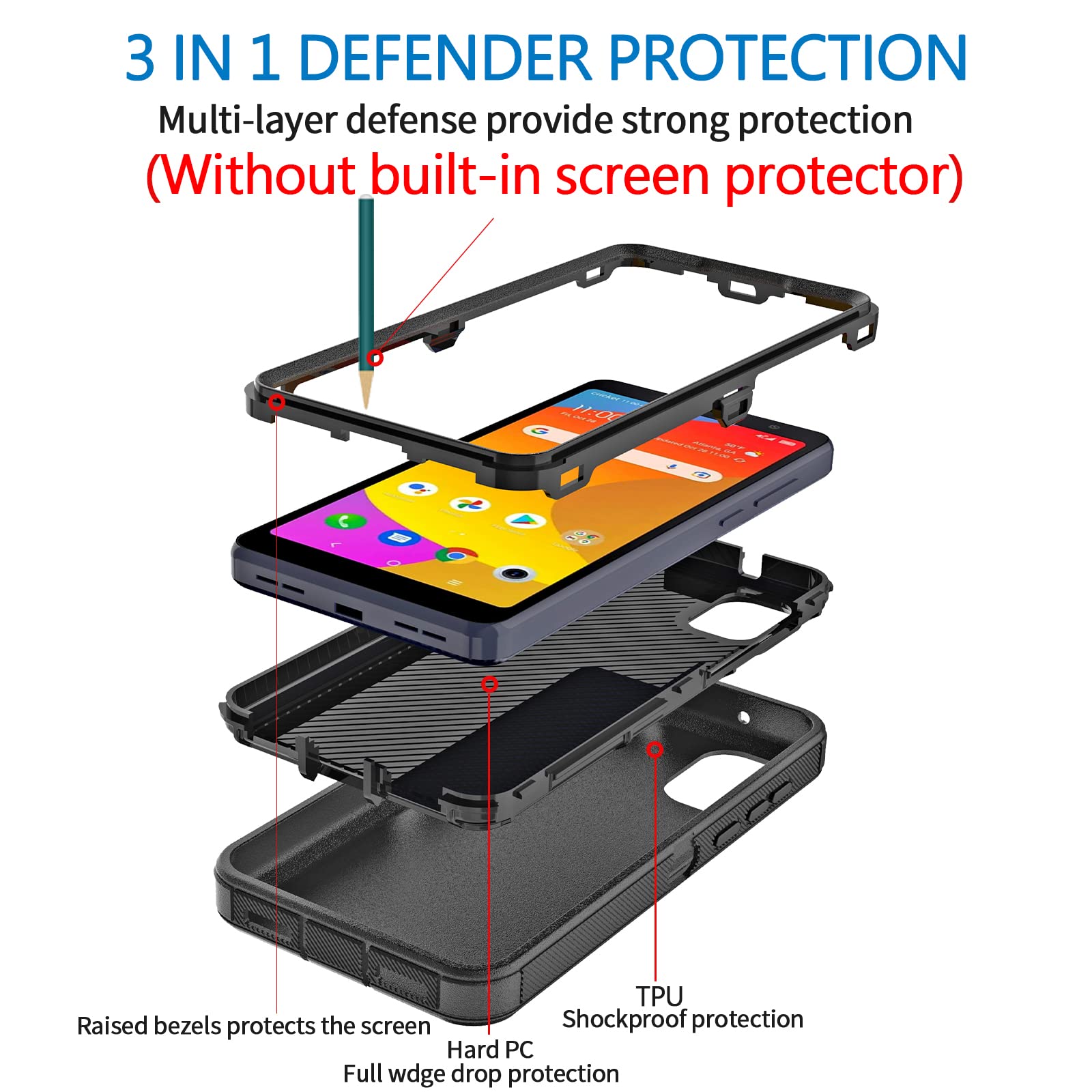Anloes Case For Tcl Ion Z, Defender Phone Case Heavy Duty Shockproof Rugged Protective, 3 In 1 Bumper Cover (Black)