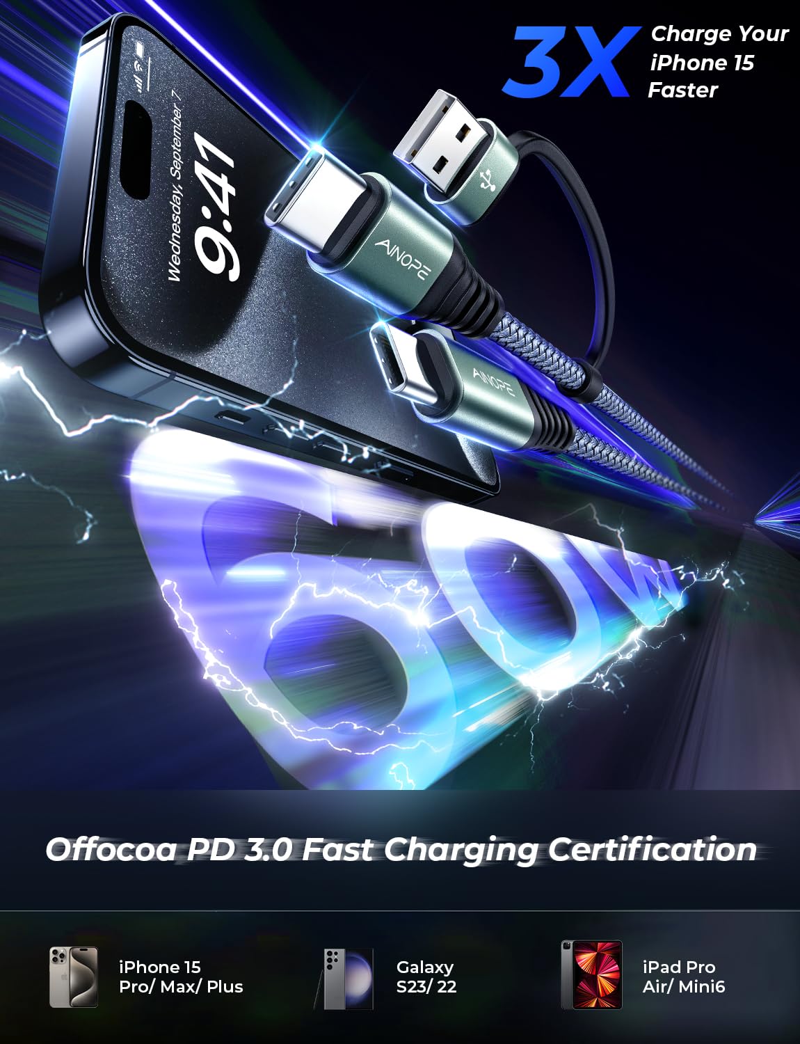 Ainope Car Carplay Cable For Iphone 15, 3Ft Usb A To Usb C For Carplay Usb C Cord Fast Charging Carplay Adapter For Apple Carpla