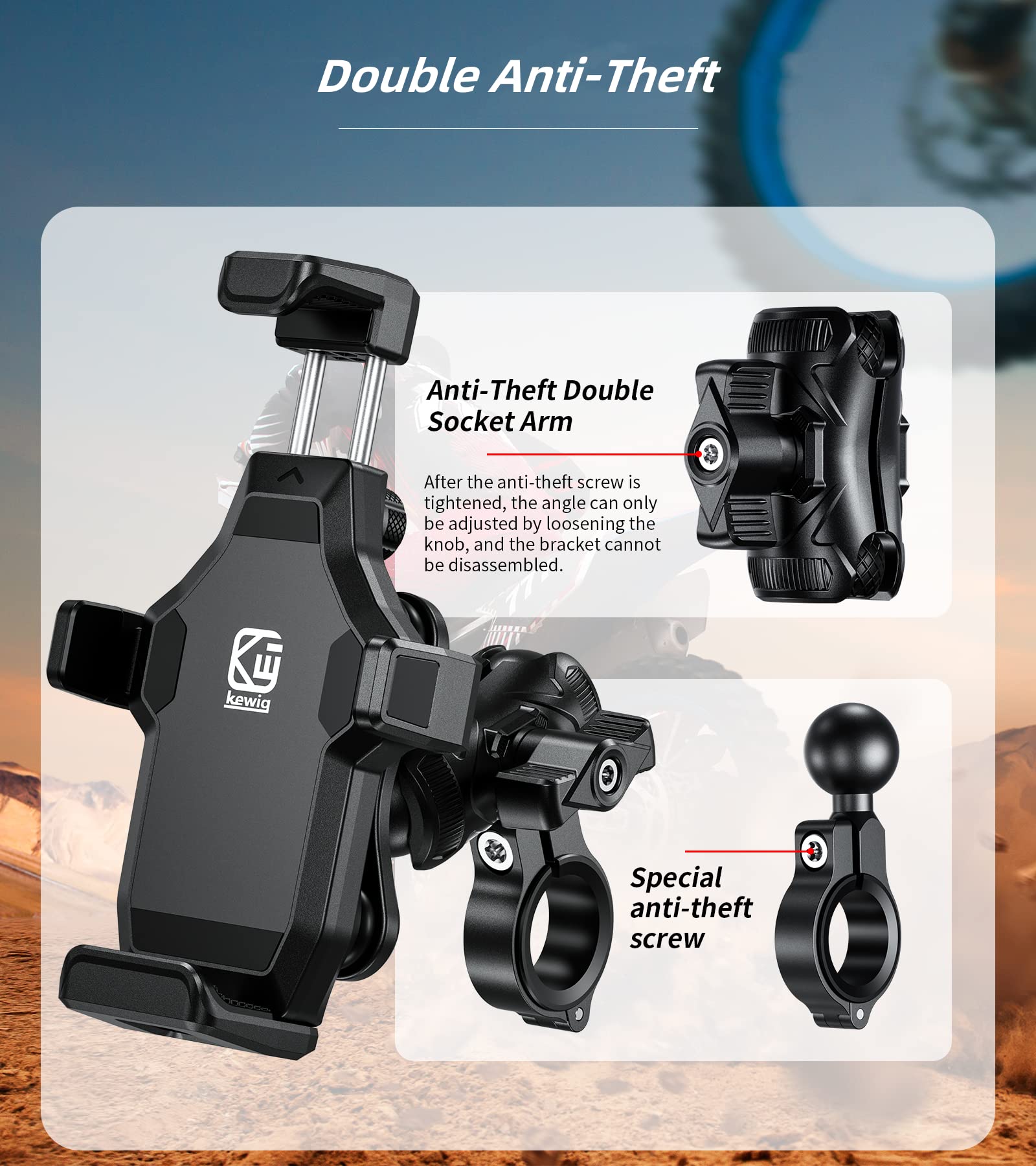 Kewig Motorcycle Phone Mount With Vibration Dampener & High Speed Secure Lock, Newest Anti Theft Phone Cradle Handlebar Cellphon