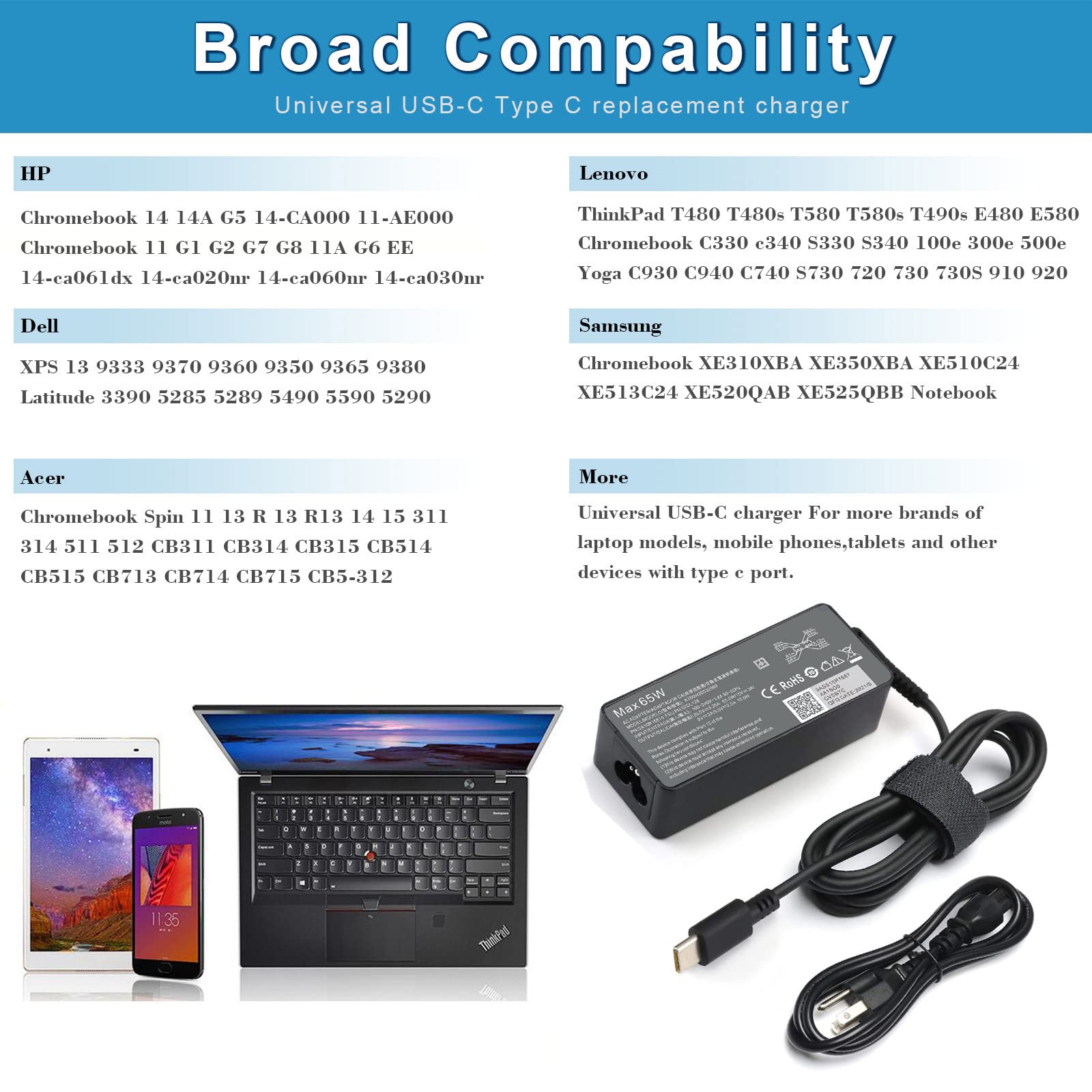 65W Type C Usb C Charger For Lenovo Chromebook 100E 300E 500E C330 C340 S330 Yoga C930 C740 S730 730 730S 720 910 920 Thinkpad X1 Carbon 5Th 6Th 7Th 8Th Gen T480S T490S T580S T580 T590 T480 E480
