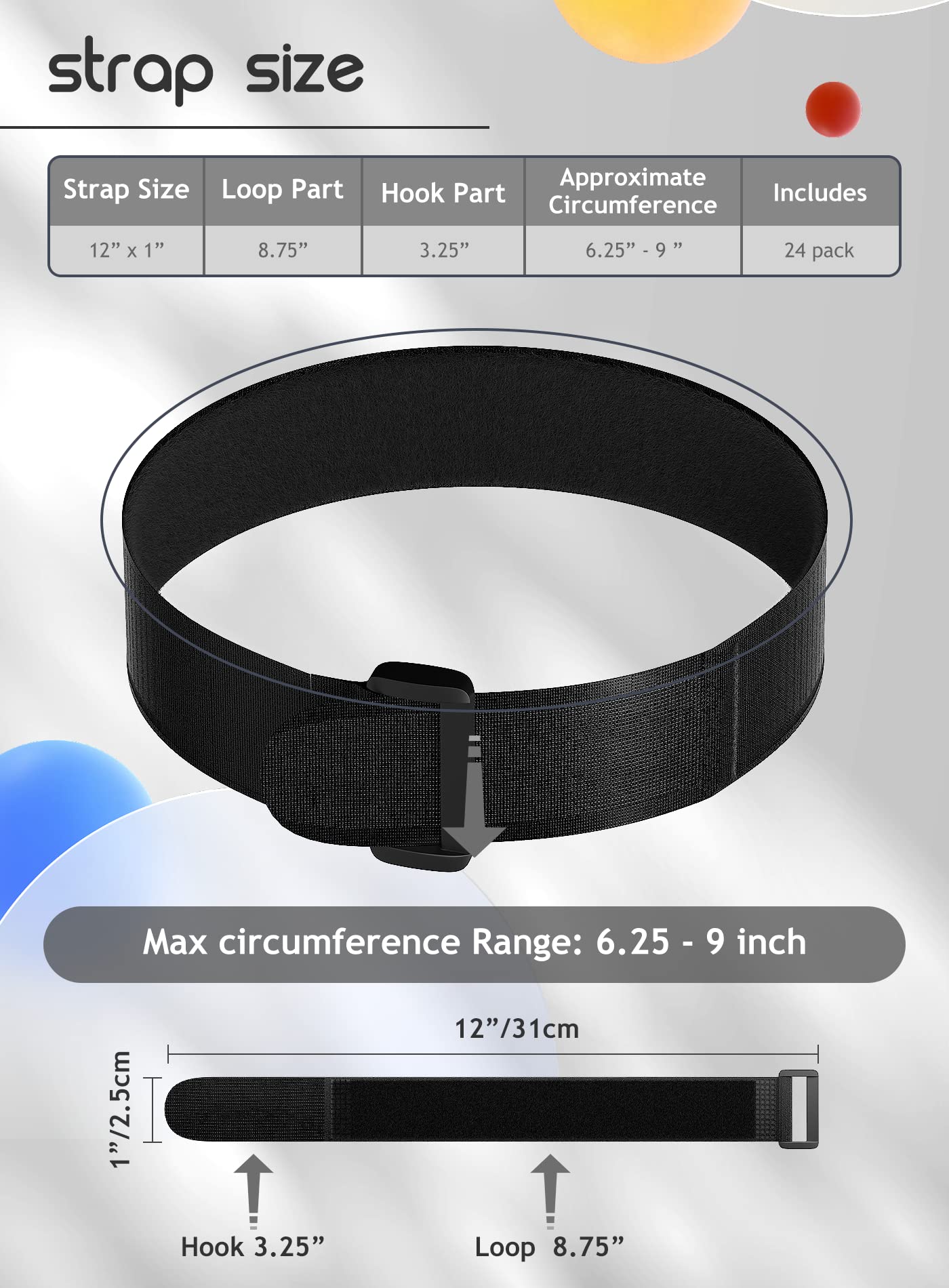 24 Pack Cable Straps Reusable Fastening Cinch Straps Wire Loop Ties(1'' X 12''), Adjustable Hook And Loop Straps With Buckle Nyl