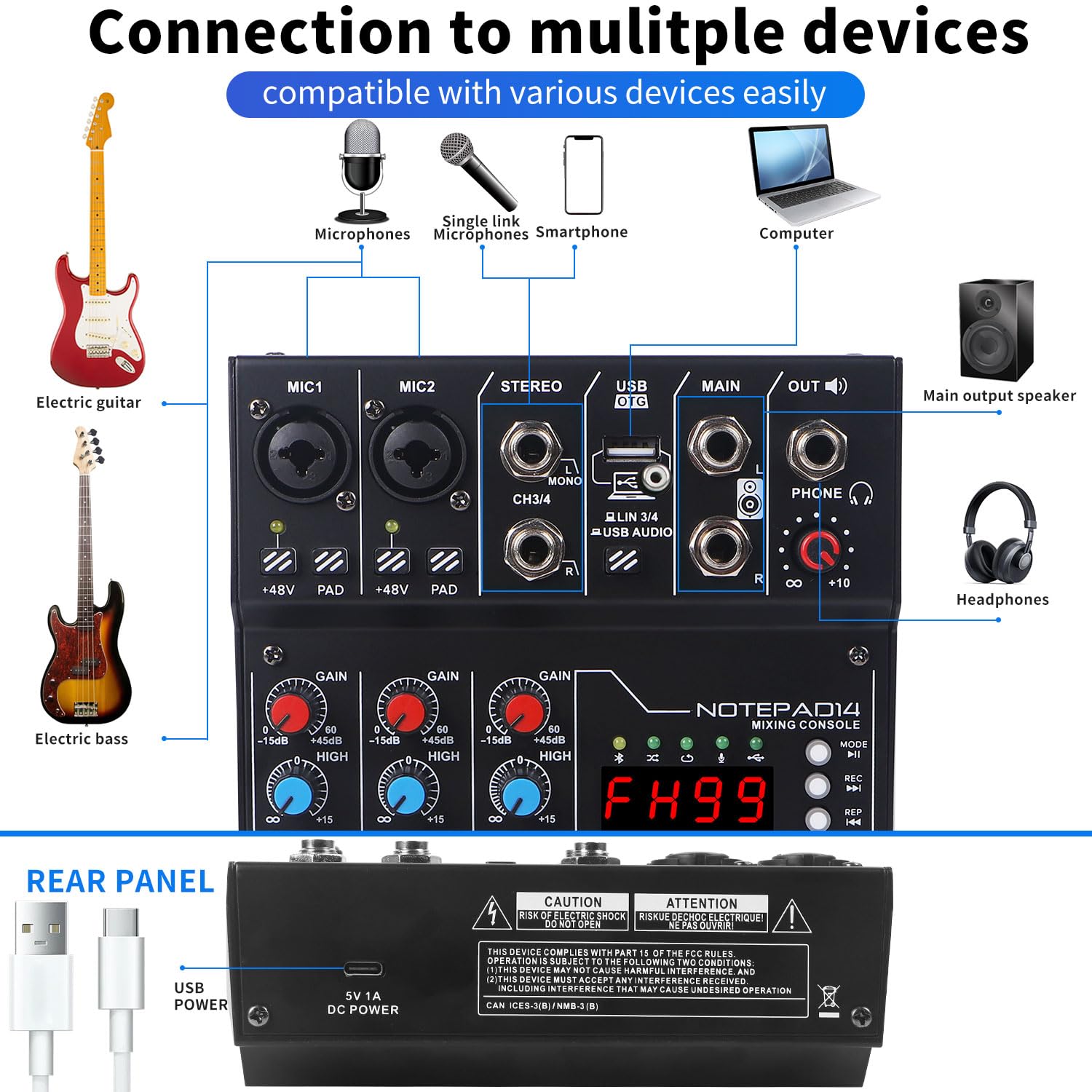4 Channel Audio Mixer With 99 Sound Effects For Pc,Bt Dj Mixer Portable Sound Mixing Console With Usb Recording Input For Live S