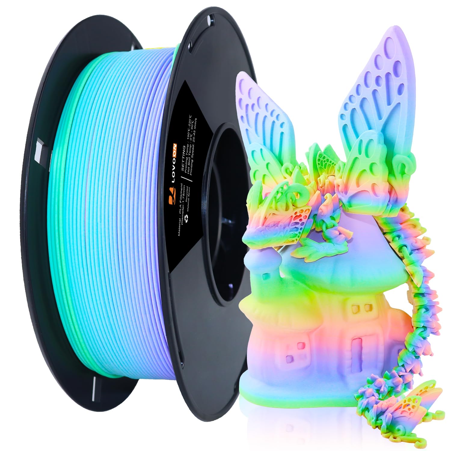 Lovoon Rainbow Pla Filament 1.75Mm, Gradient Pla, Multicolor Color Changing Pla Filament With Matte Green Blue Purple Pink Yello