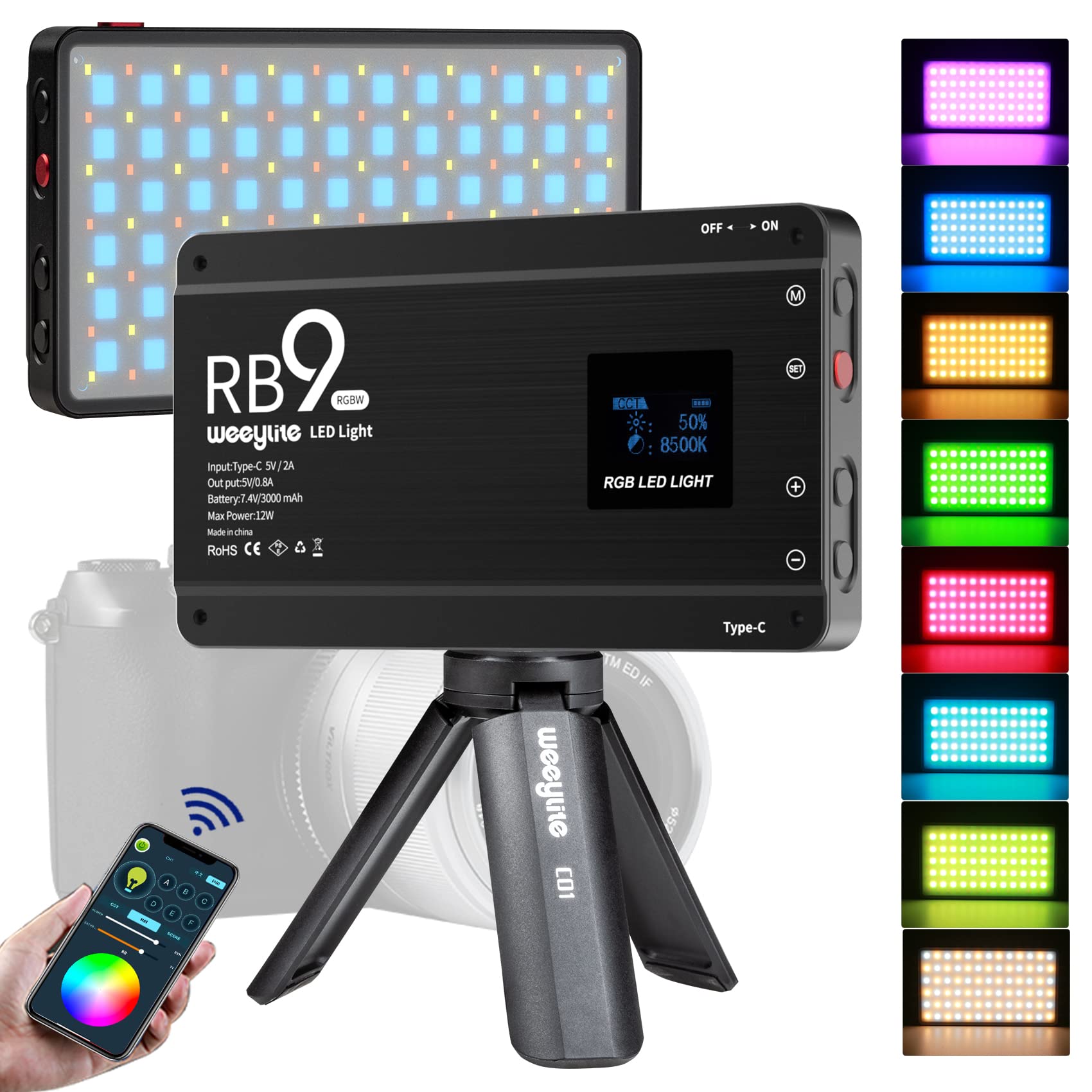 Weeylite Rb9 Rgb Camera Video Light, App Control 12W Led On Camera Light With Tripod, 2500 8500K 360 Full Color Cri 95+ Rgb Vide