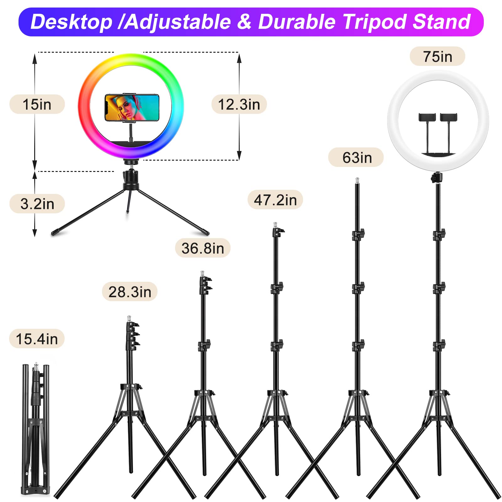 STALLY 12.3 RGB Ring Light with 75 Stand & Dual Phone Holders, 3 CCT & 29 Color Modes, Remote Shutter - Perfect for Live Streaming & Makeup