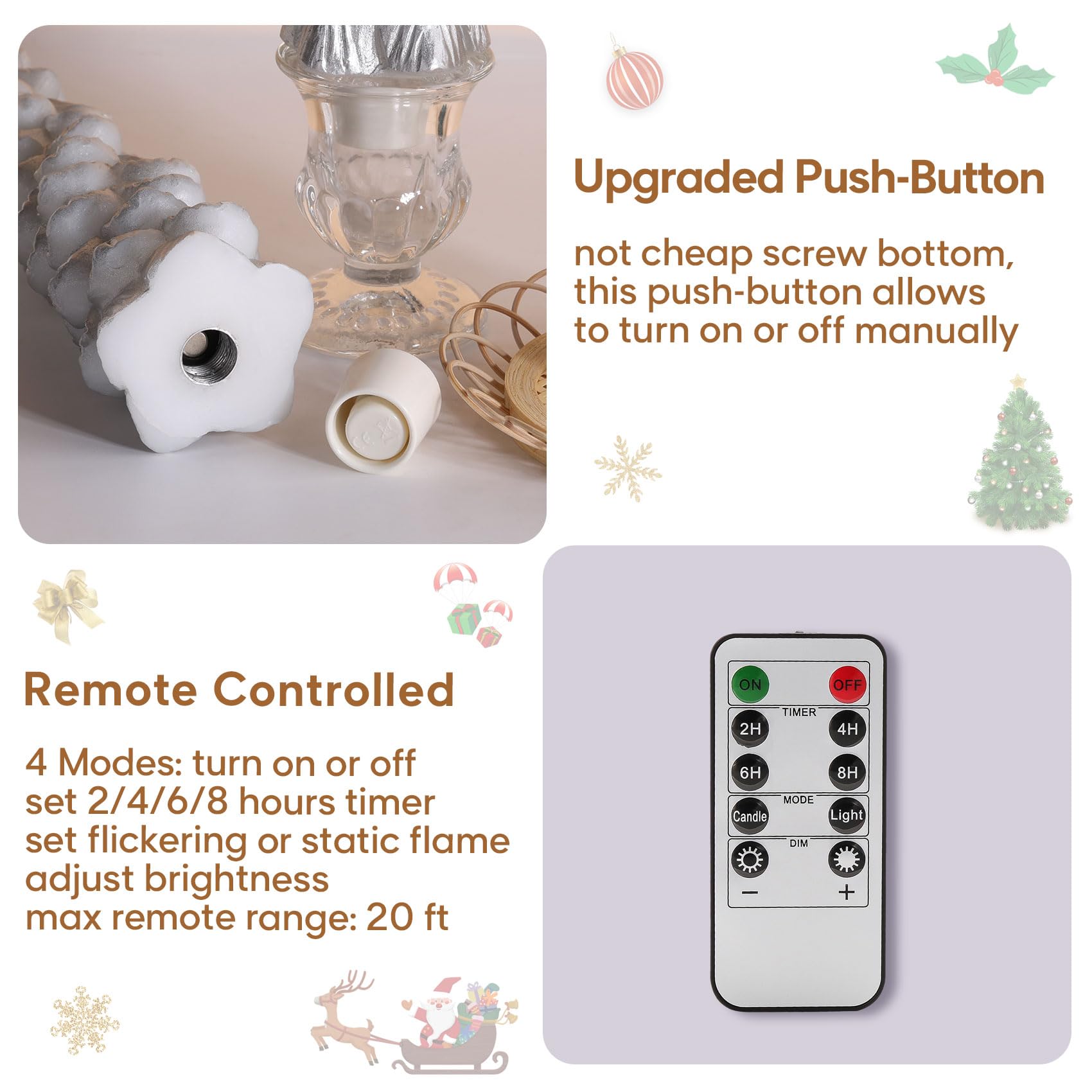 Eywamage Silver Christmas Tree Candles With Remote, Real Wax Flickering Flameless Led Taper Candles Set Of 4