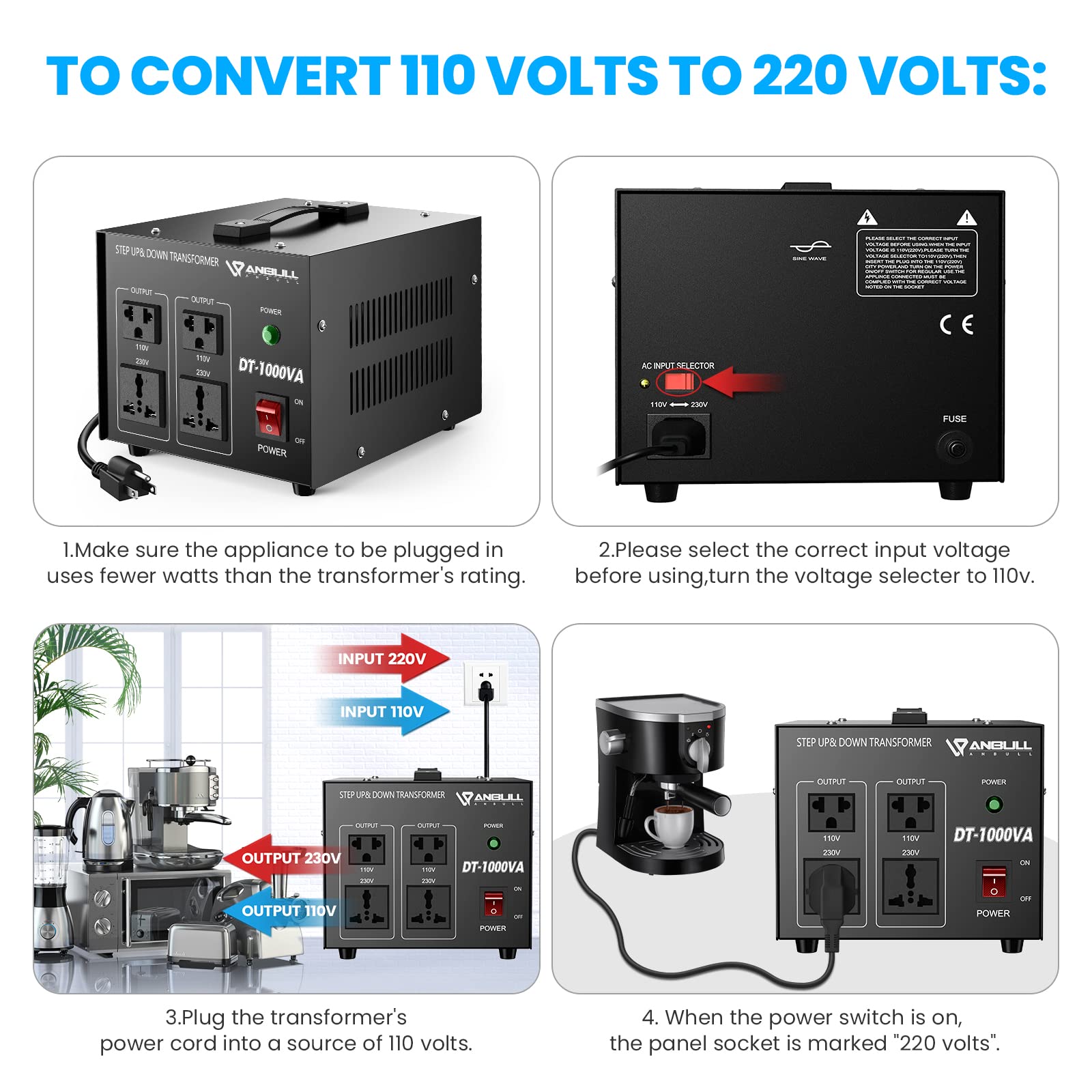 Anbull Voltage Converter 1000 Watt Voltage Transformer, 220V / 230V / 240 Volt To 110V / 120 Volt Or 110V / 120 Volt To 220V / 2