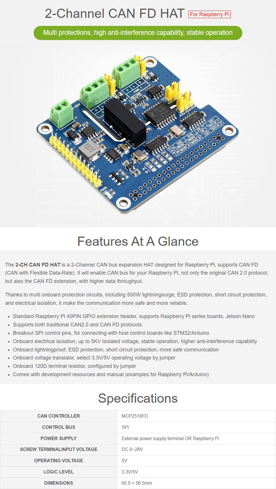 Waveshare 2-Channel Isolated Can Fd Expansion Hat For Raspberry Pi Can Fd Support Multi Onboard Protection Circuits