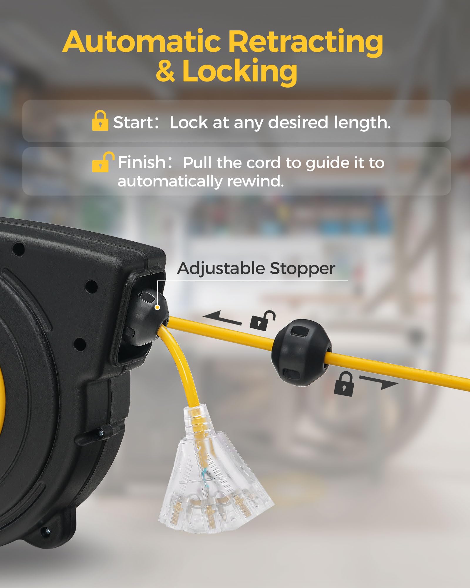 Wilawels Retractable Extension Cord Reel, 50 Ft Heavy Duty Power Cord, 14Awg/3C Sjtow, 3 Grounded Outlets Lighted Triple Tap, 13