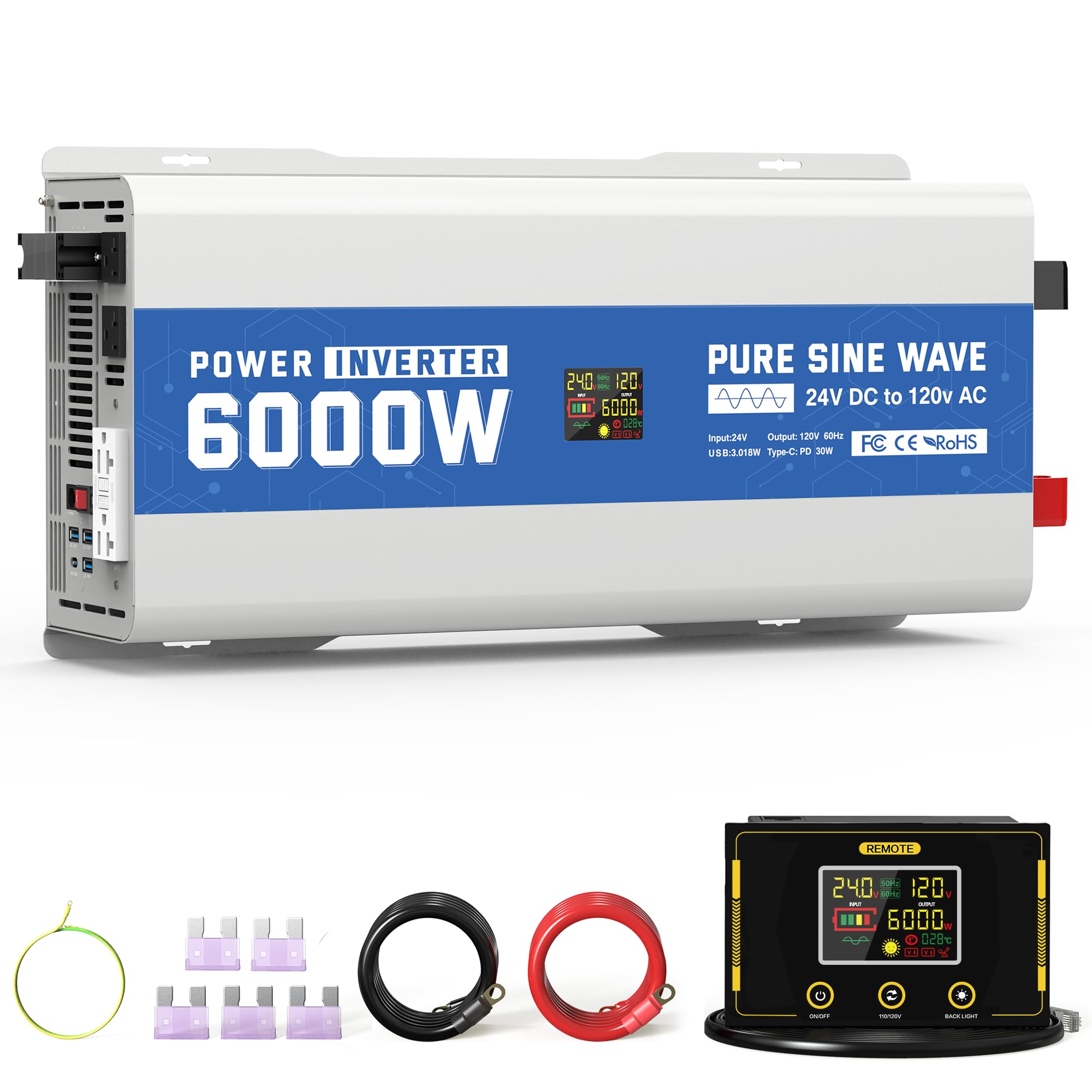 ASMONTRIC 6000 Watt Pure Sine Wave Inverter, 24V DC to 120V AC Power Inverter with LCD Display, GFCI Outlet, USB Port, 4 AC Outl