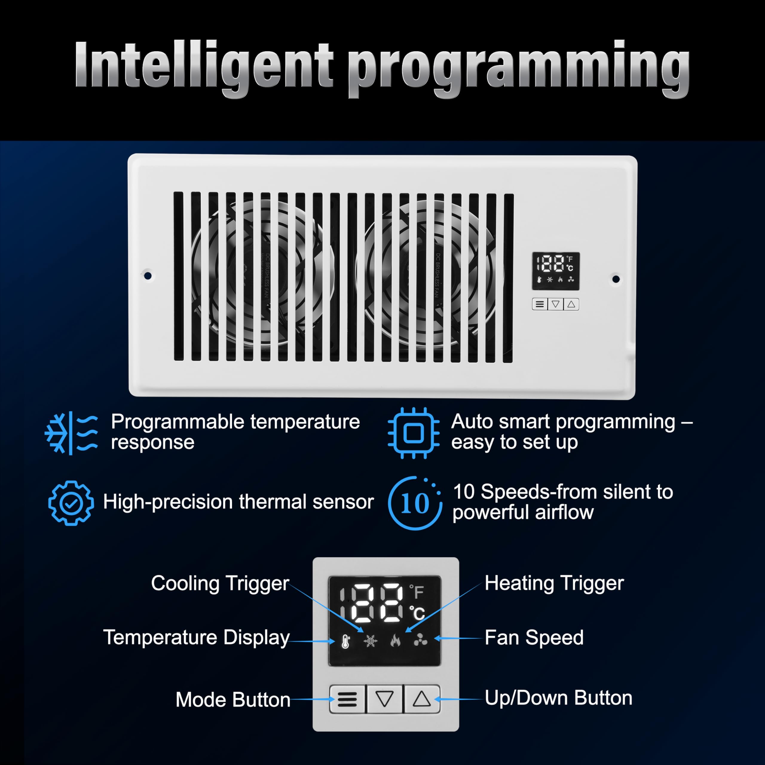 Xcity Quiet Register Booster Fan, Intelligent 6''X12'' Vents, 10-Speed, Air Vent Fan With Remote Control & Thermostat, Smart Led