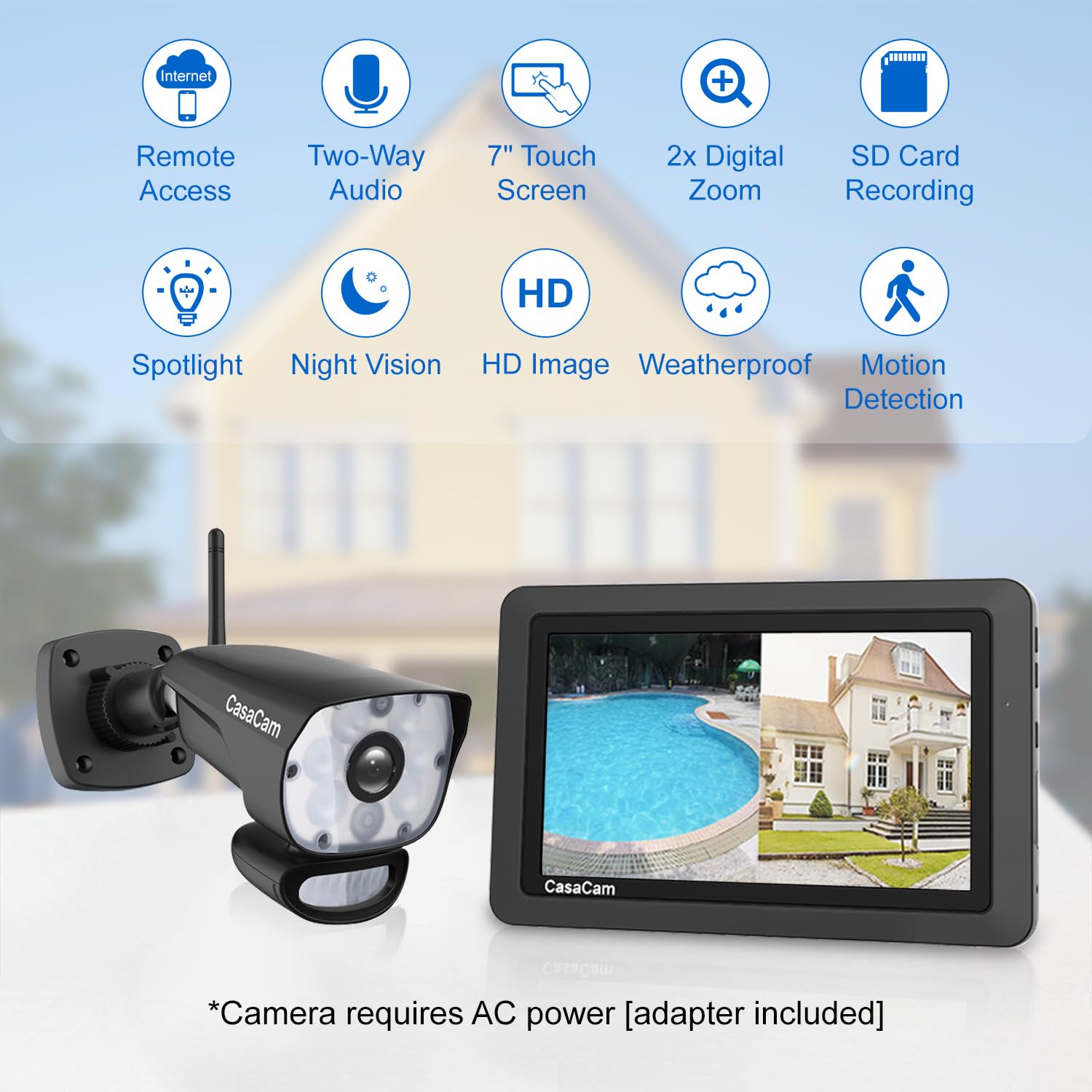 Casacam Vs1002 Wireless Security Camera System With Light Camera And 7 Monitor, Two-Way Audio, Free App, Sd Card And Battery Ins