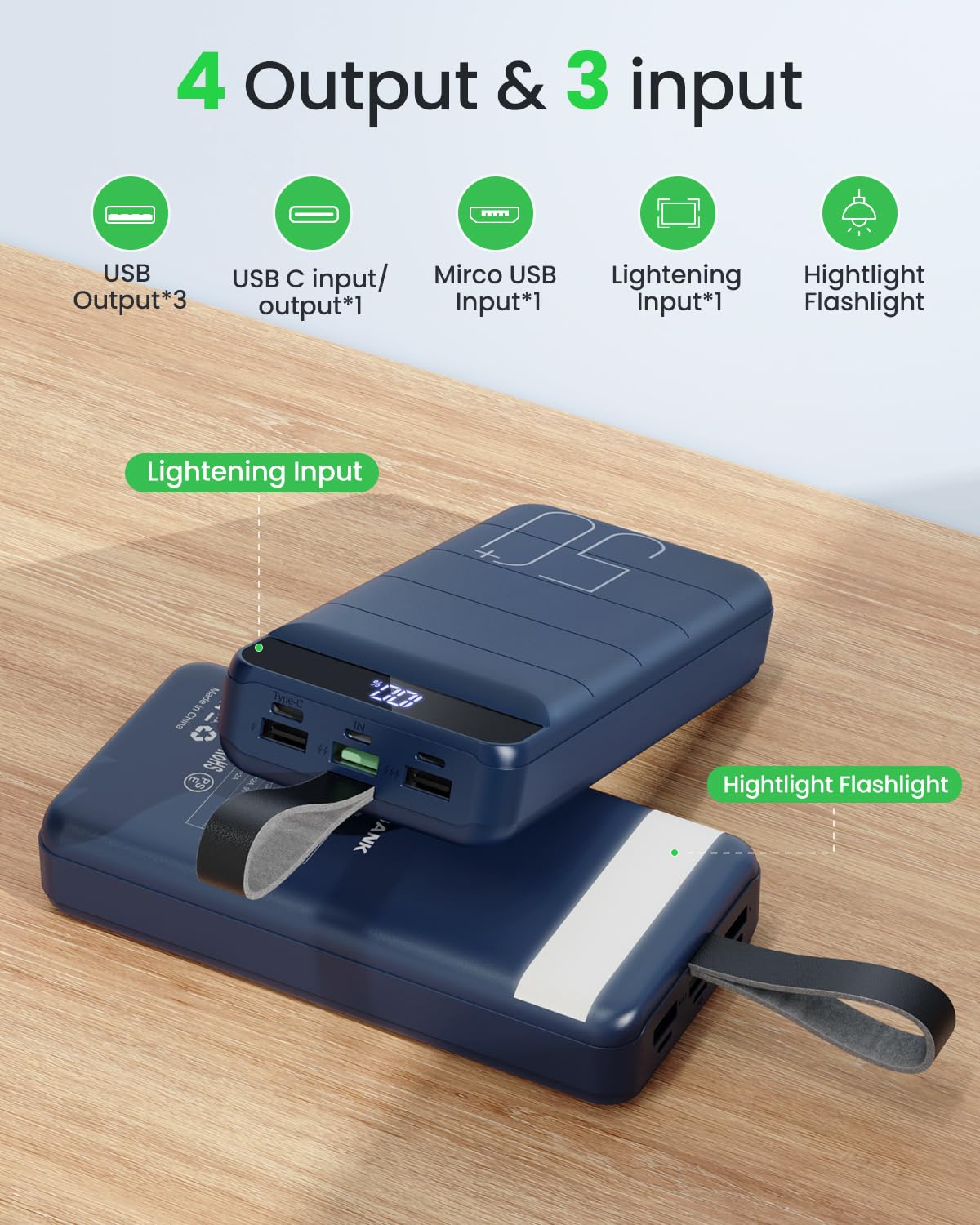 Morfec Portable Charger Power Bank 50000mAh, Fast Charging 22.5W, USB C, 4 Outputs, Blue, High Capacity for iPhone & Samsung Galaxy