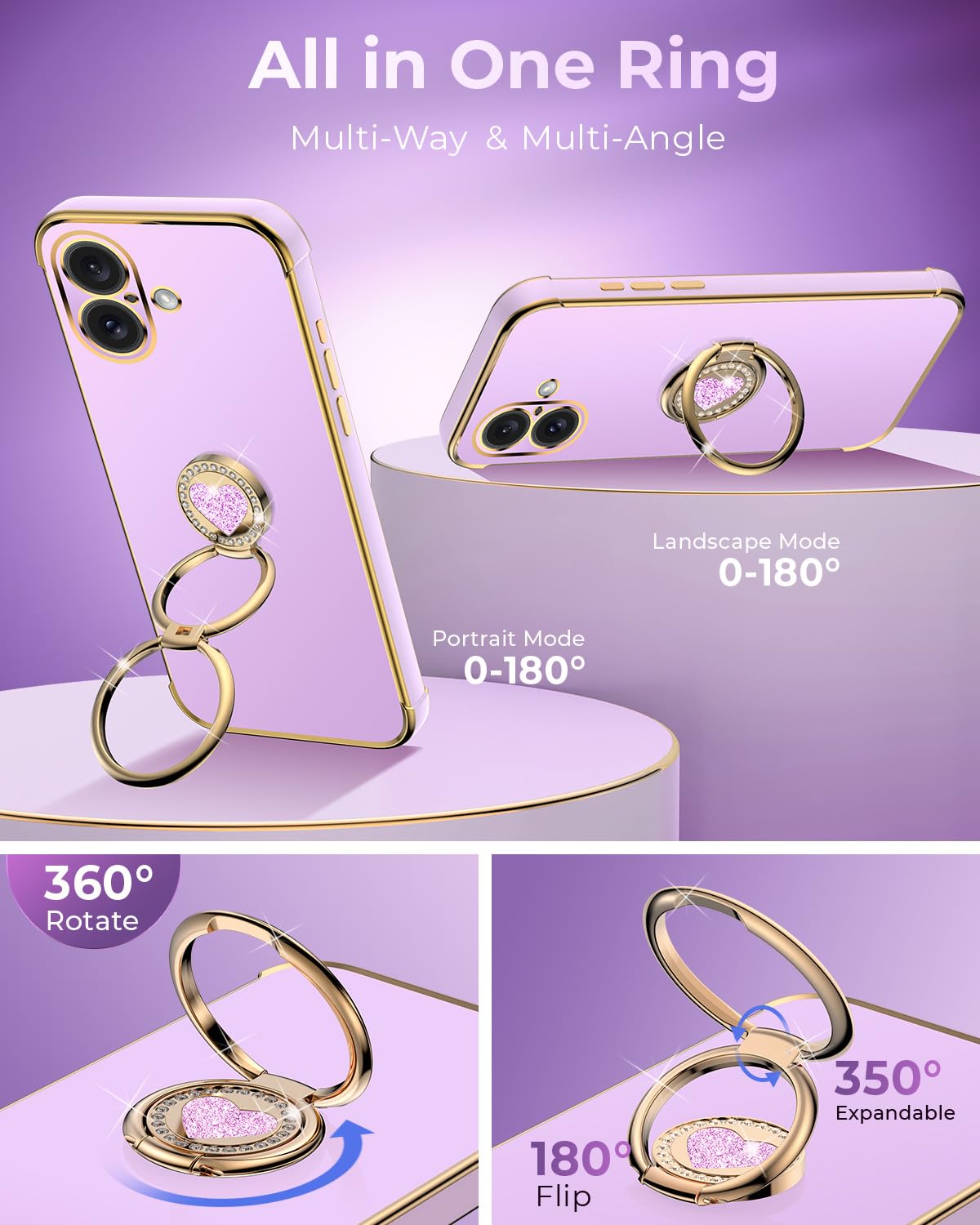 Xyz For Iphone 16 Plus Case With Stand, Phone Case With Double Ring Kickstand, Women Girls Bling Luxury Protective Case Heart Fo