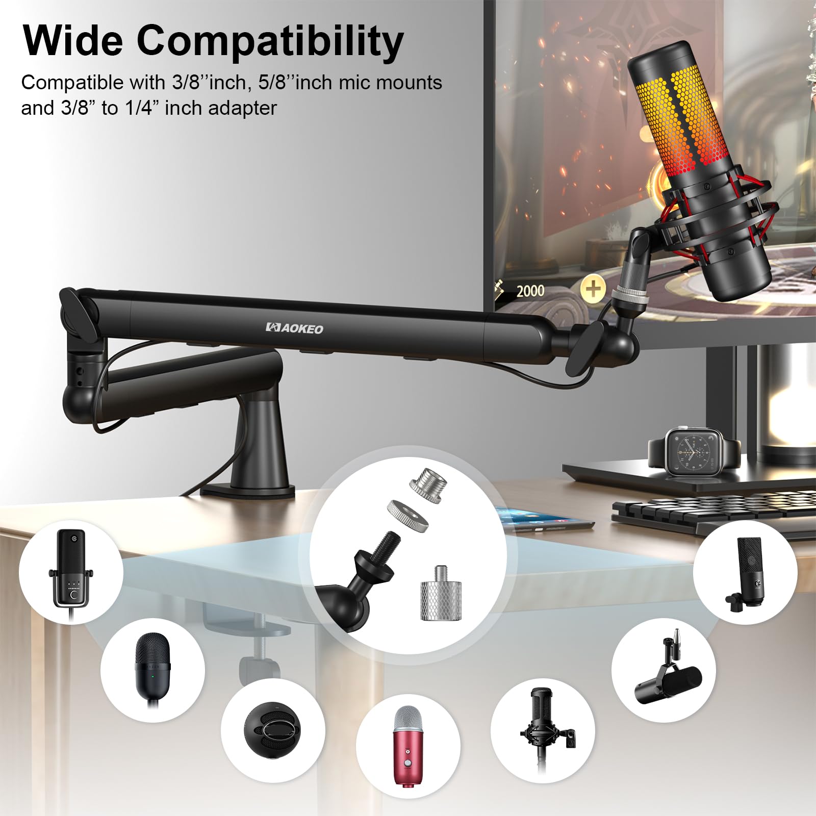 Microphone Arm,Aokeo Ak 55 Desk Low Profile Adjustable Mic Boom Arm Stand,Suitable For Blue Yeti,Snowball Ice, Hyperx Quadcast,S