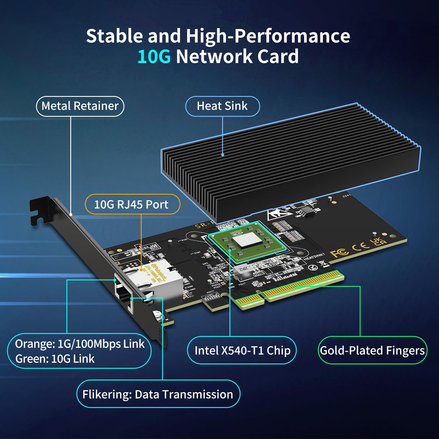10Gb Base T Pci E Network Card, Intel X540 T1 Controller, Nicgiga 10Gbps Ethernet Adapter With 10Gbe Rj45 Port , 10G Nic Card, S