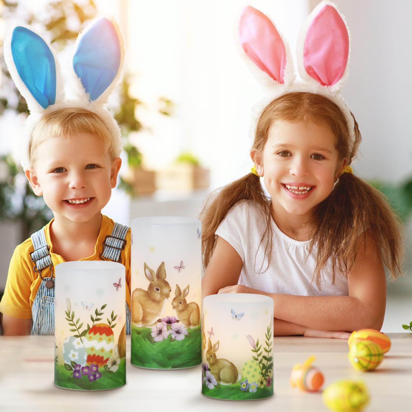 Wondise Easter Bunny Flameless Candles With 6Hrs Timer, Battery Operated Pillar Candles With Easter Eggs Lilies Real Wax Flicker