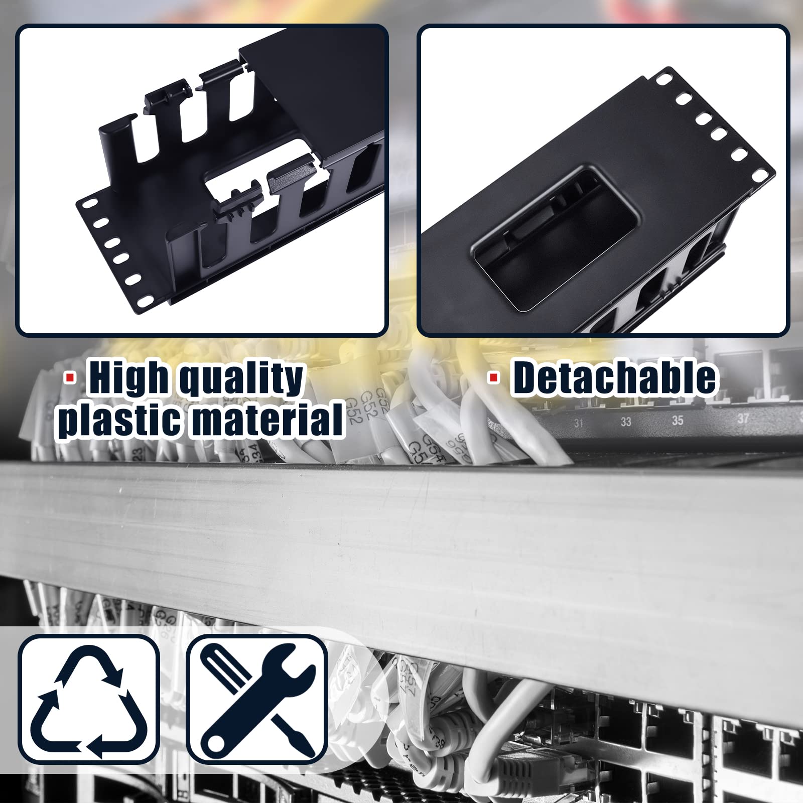 2 Pack 2U Horizontal Mount Cable Management 19 Inch Cable Management Panel 12 Slot Cable Rack Cable Duct Organizer Server Cable