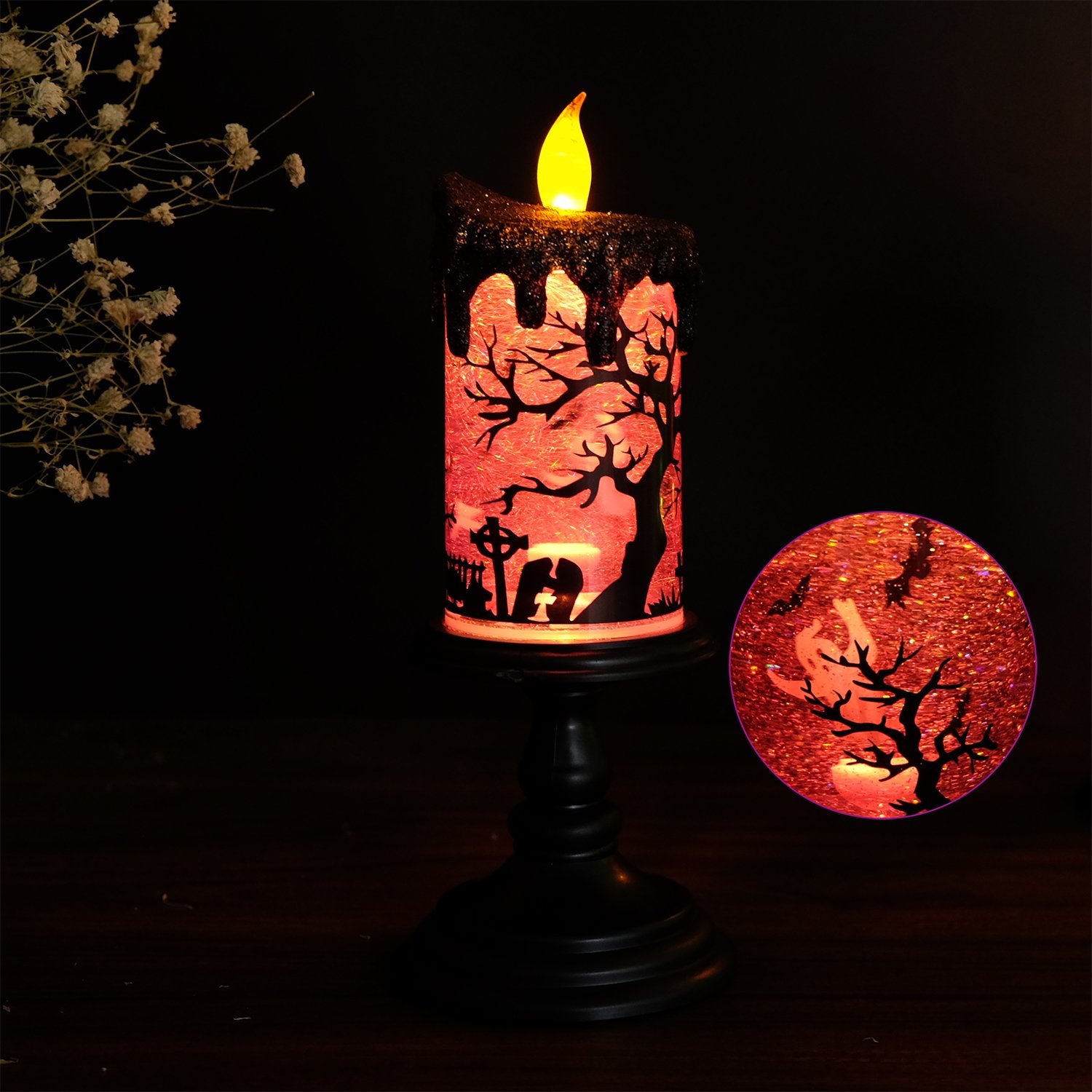 Eldnacele Halloween Snow Globe Candles Lighted Lamp, Battery Operated Spinning Water Glittering Tornado Flameless Candles Table