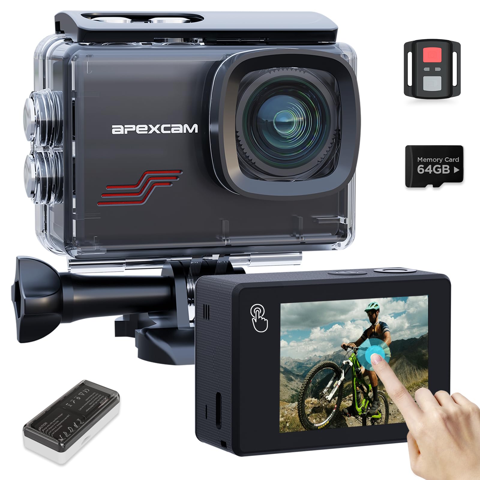 Apexcam Action Camera 4K Touch Screen, 131FT Waterproof Camera Underwater, 60FPS 64MP Sports Camera Helmet for Vlog, 170  WiFi C
