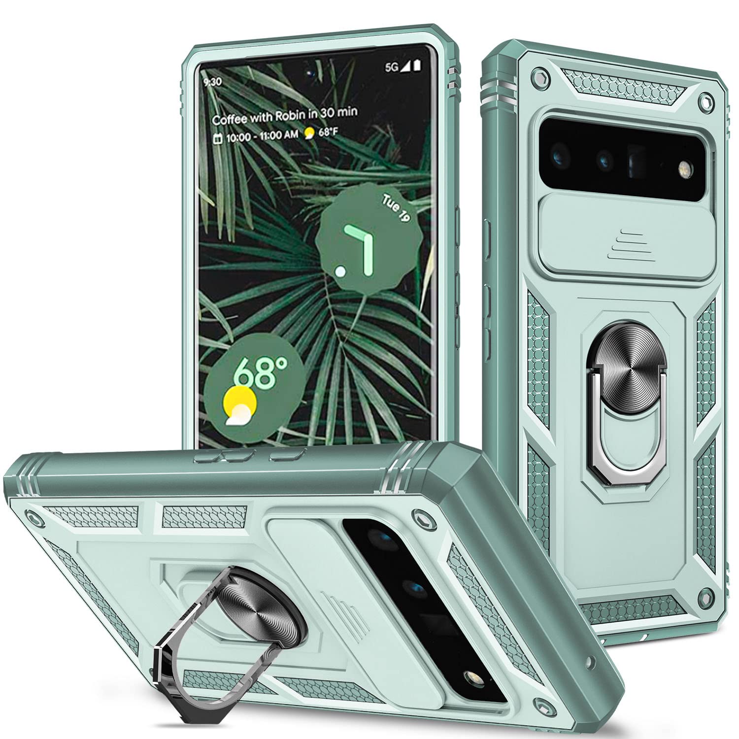 Fetrim Case For Google Pixel 6 Pro, Camera Cover Phone Case With Rotation Ring Stand For Google Pixel 6 Pro   Green